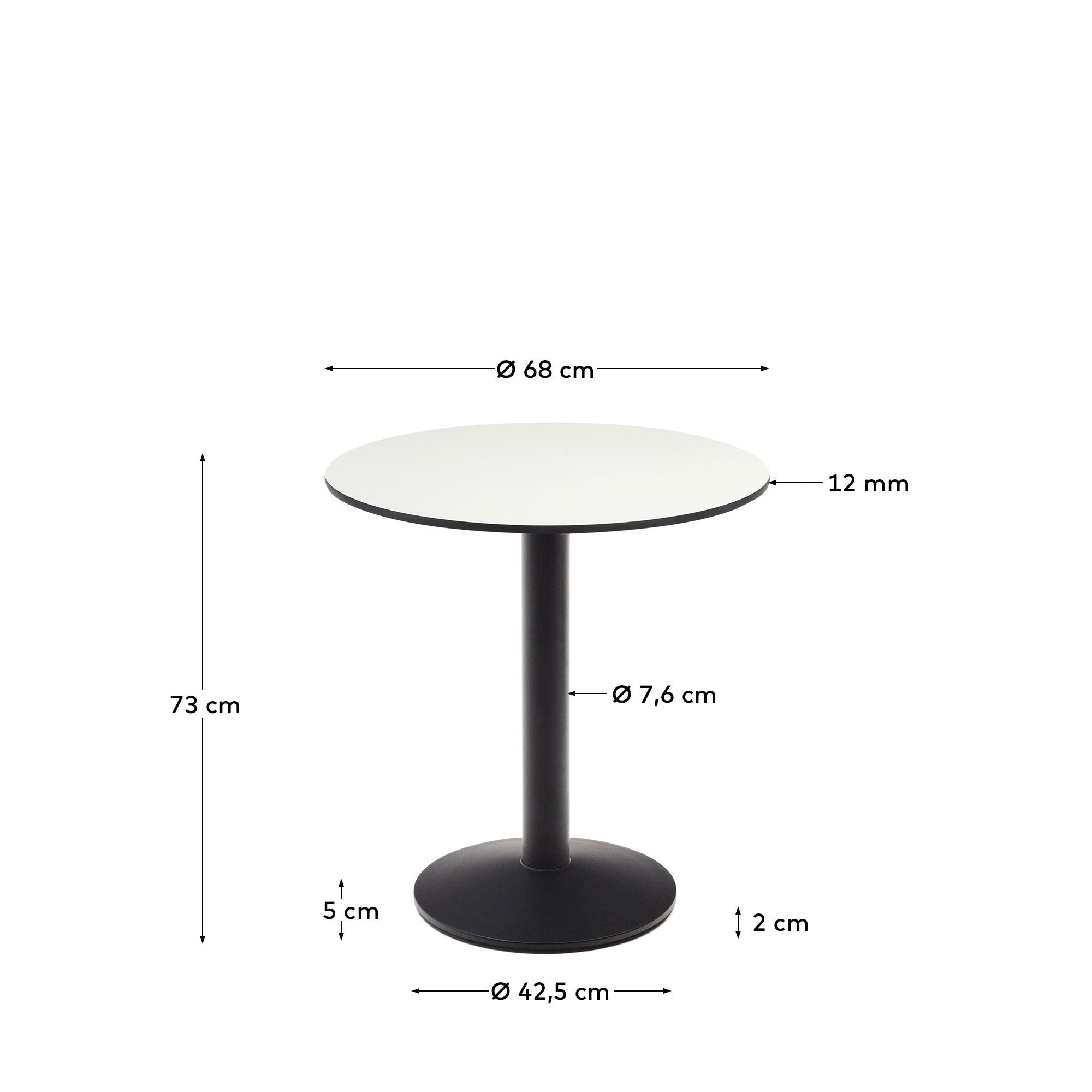 Eleganter runder Outdoor-Tisch Esilda in Weiß, Ø 70 cm, mit schwarzem Metallgestell, perfekt für moderne Außenbereiche.