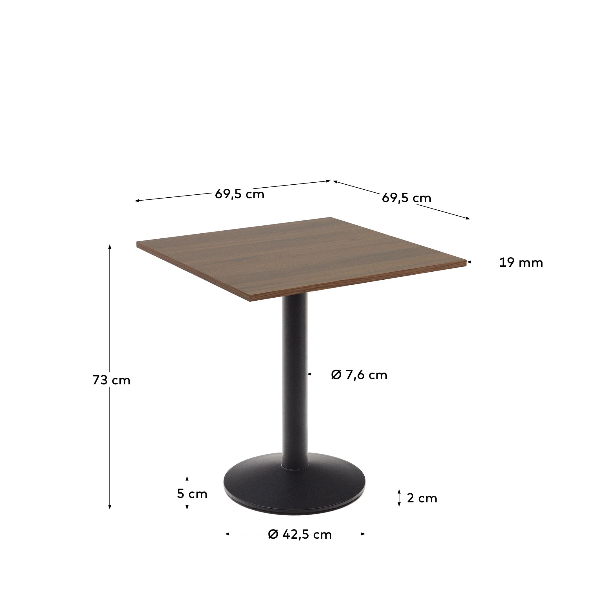 Moderner Tisch mit nussbaumfarbener Melaminplatte und schwarzen Metallbeinen, ideal für stilvolle Räume.