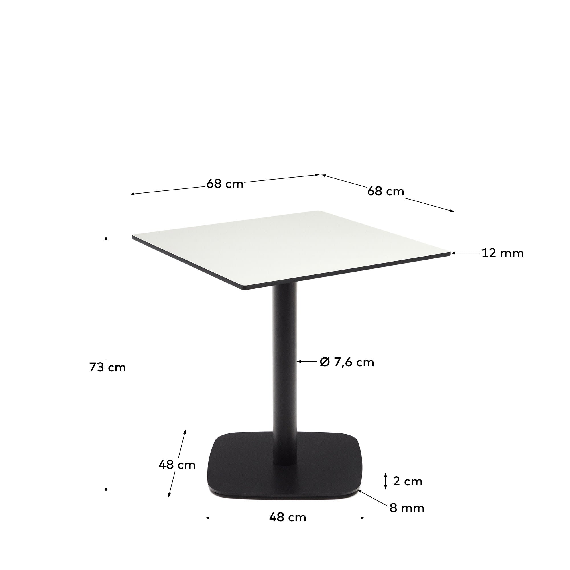 Moderner Outdoor-Tisch Dina in Weiß mit schwarzem Metallgestell, 68x68x70 cm, ideal für stilvolle Außenbereiche.