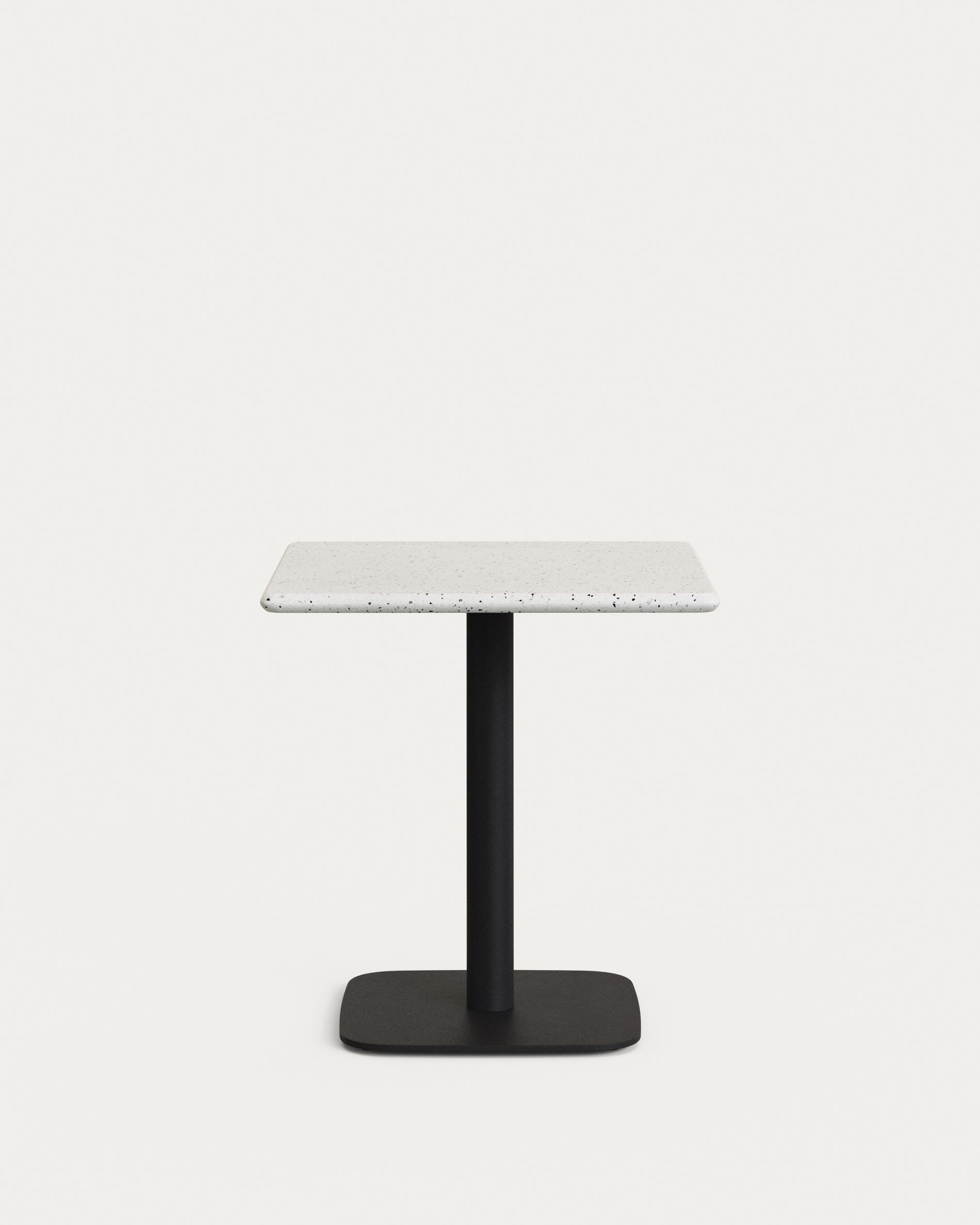 Eleganter Saura Bartisch: Schwarz lackiertes Metall, weisse Terrazzo-Platte, 70x70x70 cm. Perfekt für stilvolle Outdoor-Geselligkeit.