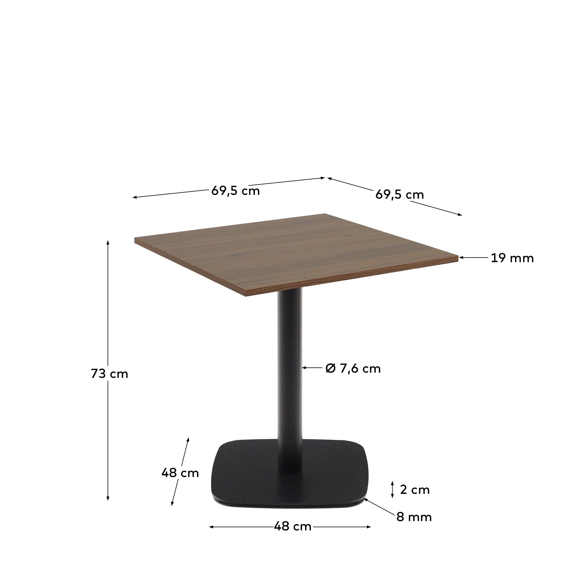 Kompakter Tisch in Nussbaumoptik mit schwarzem Metallbein, ideal für moderne Essbereiche und Cafés.