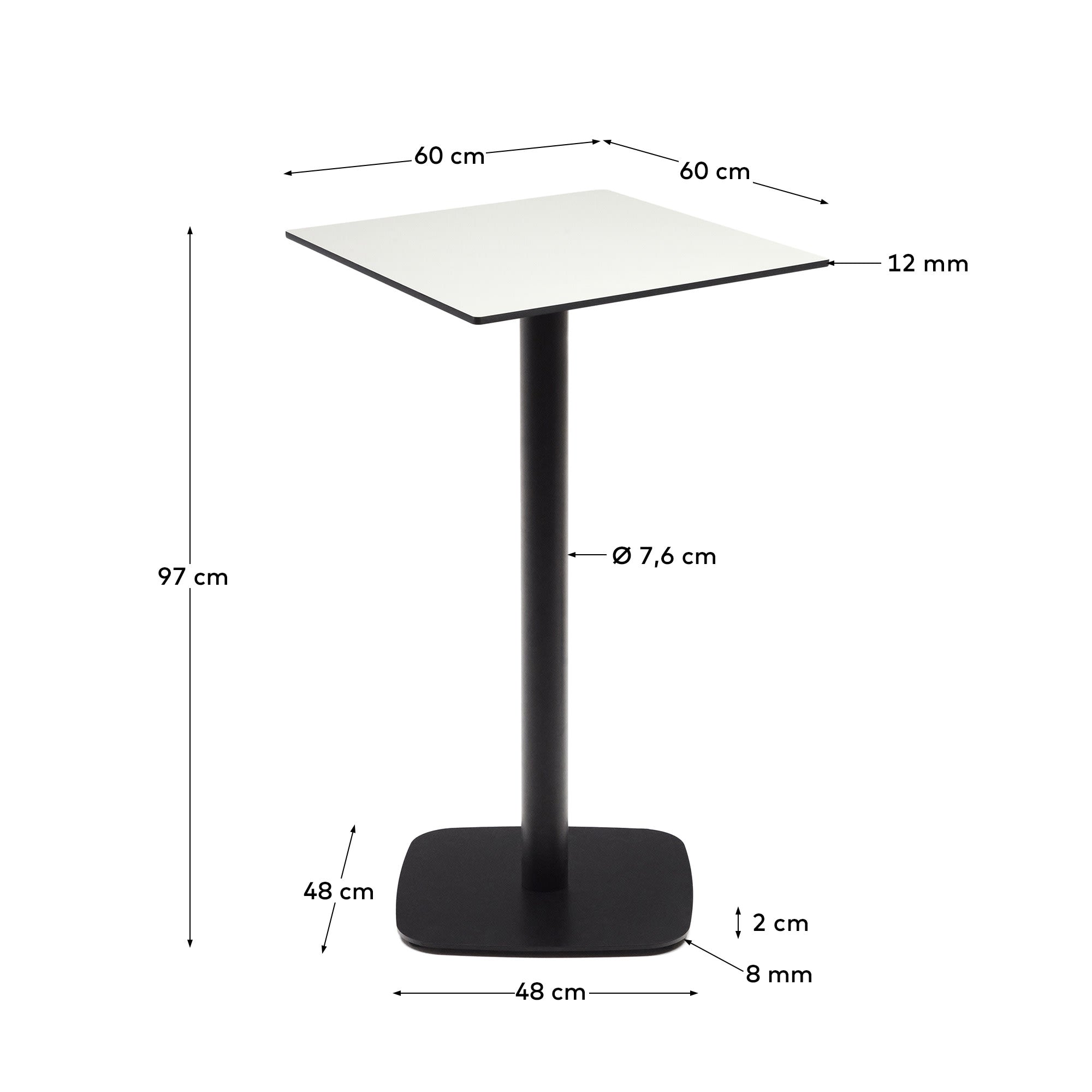 Eleganter Dina Outdoor-Tisch in Weiß mit robustem, schwarzem Metallgestell. Ideal für Garten und Terrasse, 60x60x96 cm, wetterfest und pflegeleicht.