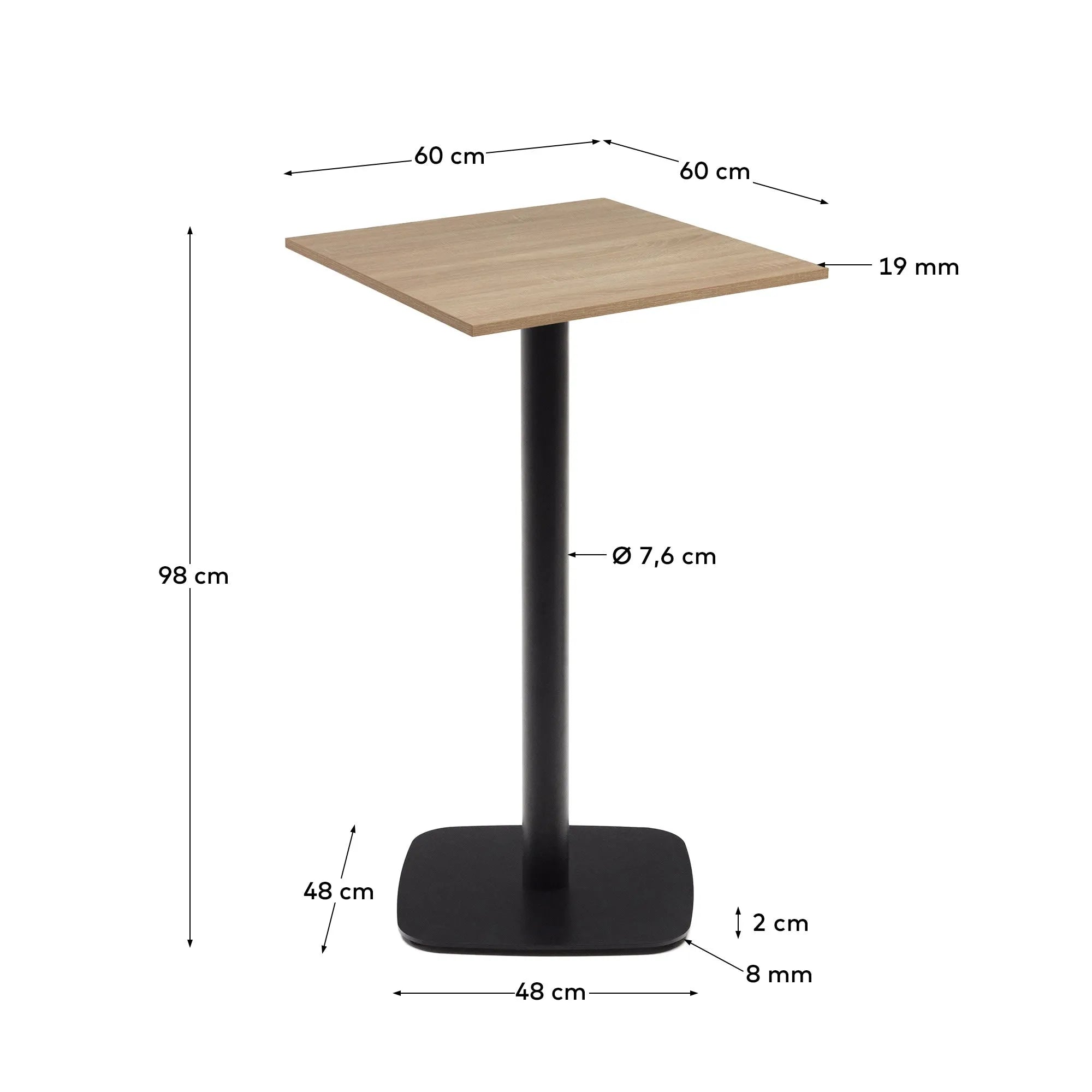 Eleganter Stehtisch mit naturfarbener Melaminplatte und schwarzem Metallgestell, perfekt für moderne Räume, Maße: 60x60x96 cm.