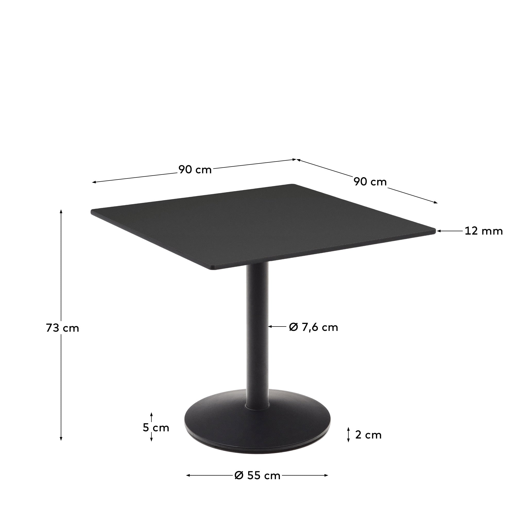 Moderner Outdoor-Tisch in Schwarz, 90x90x70 cm, mit robustem Metallgestell und kratzfester HPL-Platte, ideal für Garten und Terrasse.