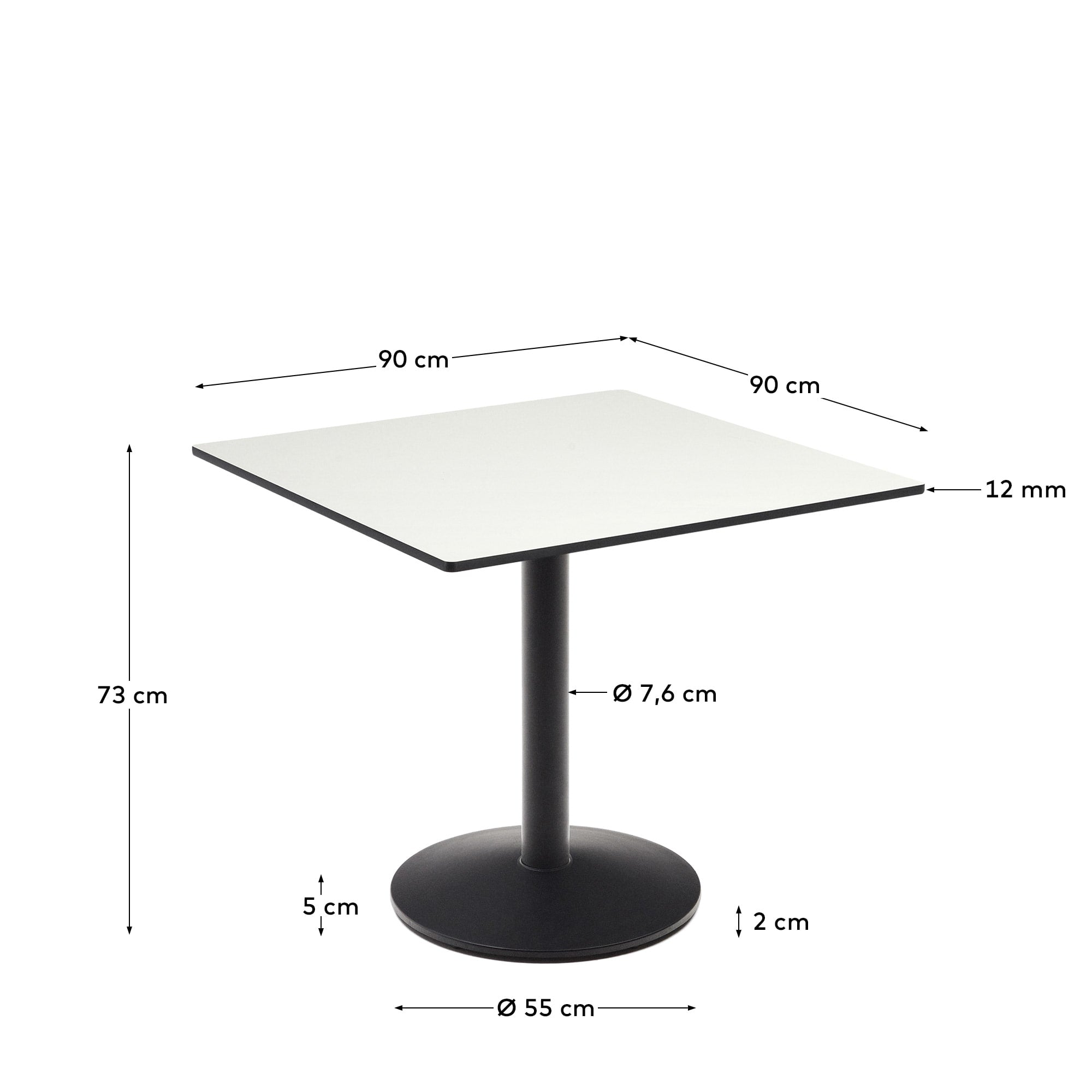 Eleganter Esilda Outdoor-Tisch: Weiß mit schwarzem Metallbein, 90x90x70 cm, robustes HPL, ideal für Terrasse und Garten.