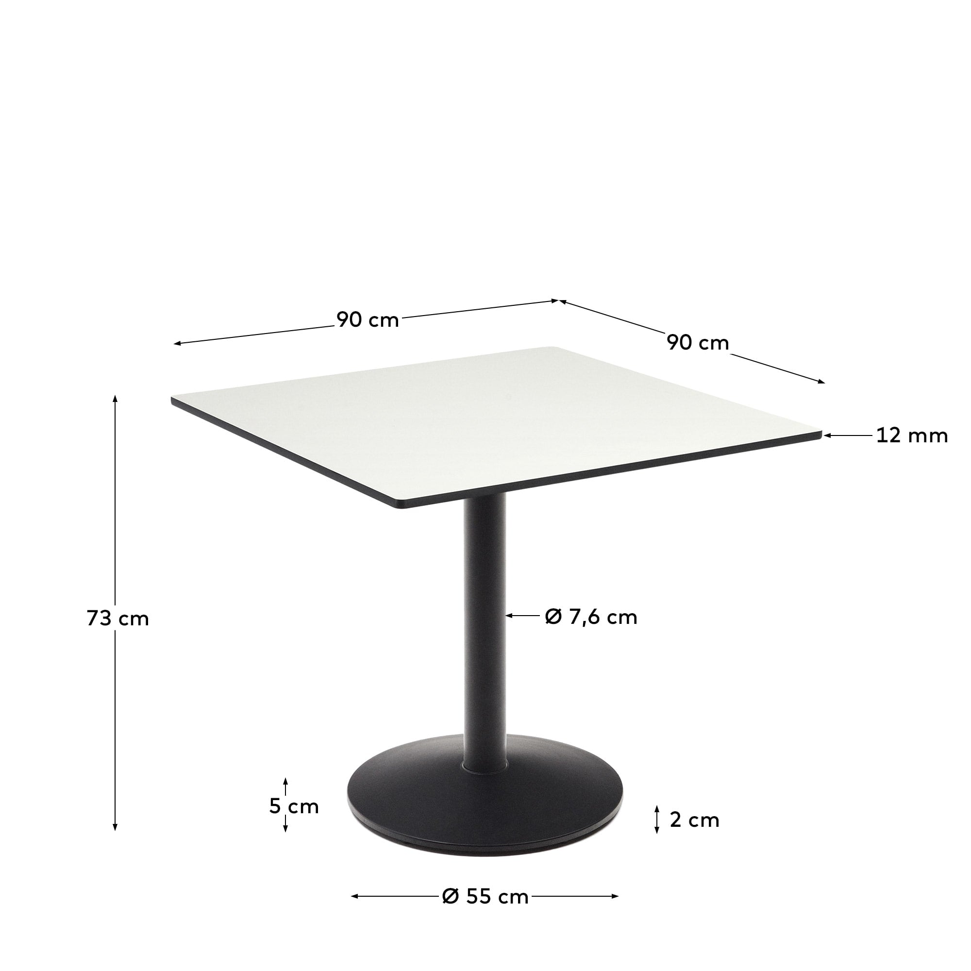 Moderner Esilda Outdoor-Tisch in Weiß mit robusten, schwarz lackierten Metallbeinen. Ideal für entspannte Stunden im Freien, Maße: 90 x 90 x 70 cm.