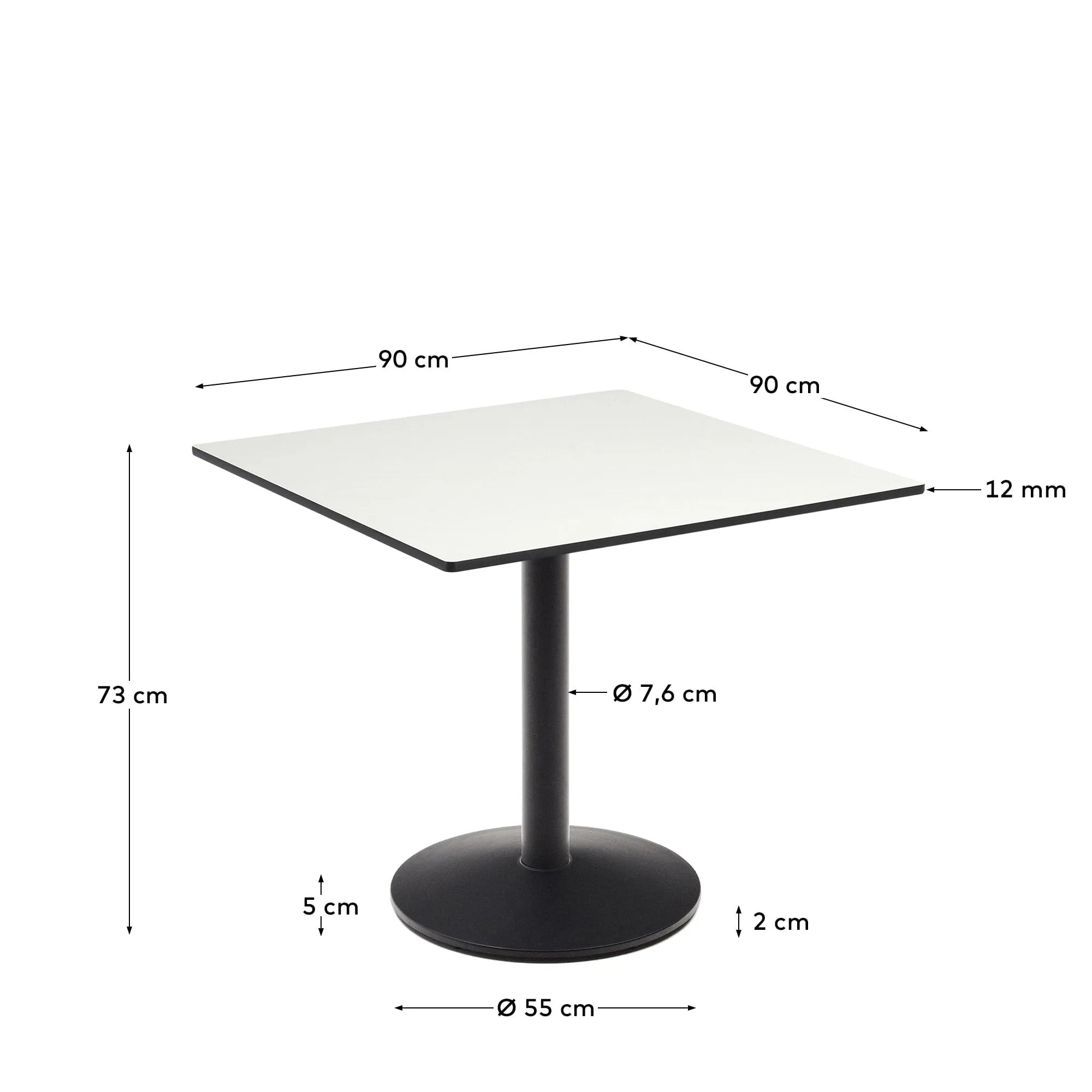 Eleganter Esilda Outdoor-Tisch, weiß, 90x90x70 cm, mit stabilem schwarz lackiertem Metallgestell, perfekt für Terrasse oder Garten.