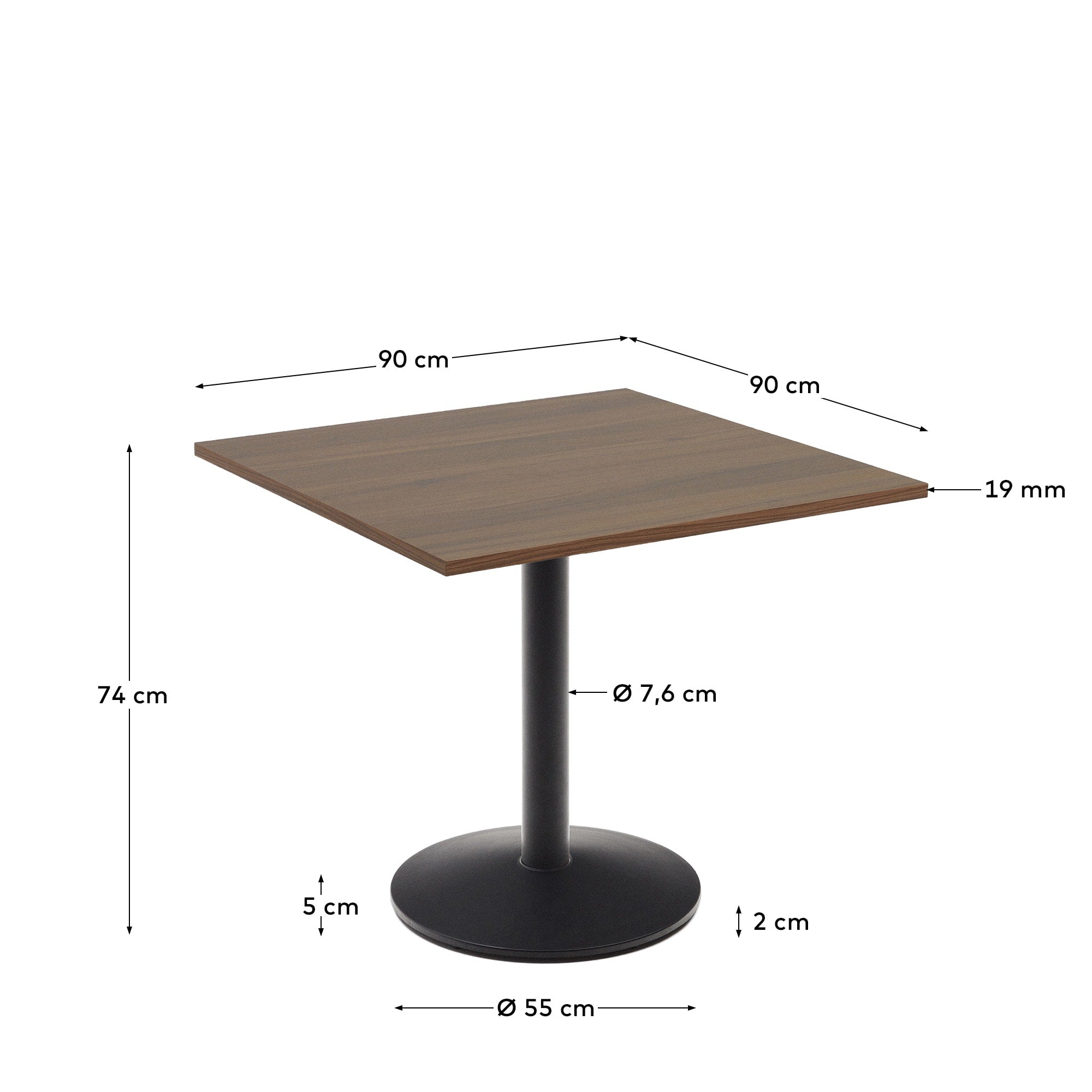 Moderner Esilda Tisch: Nussbaum-Melamin, schwarzes Metallbein, 90x90x70 cm. Stilvoll und funktional für jeden Raum.
