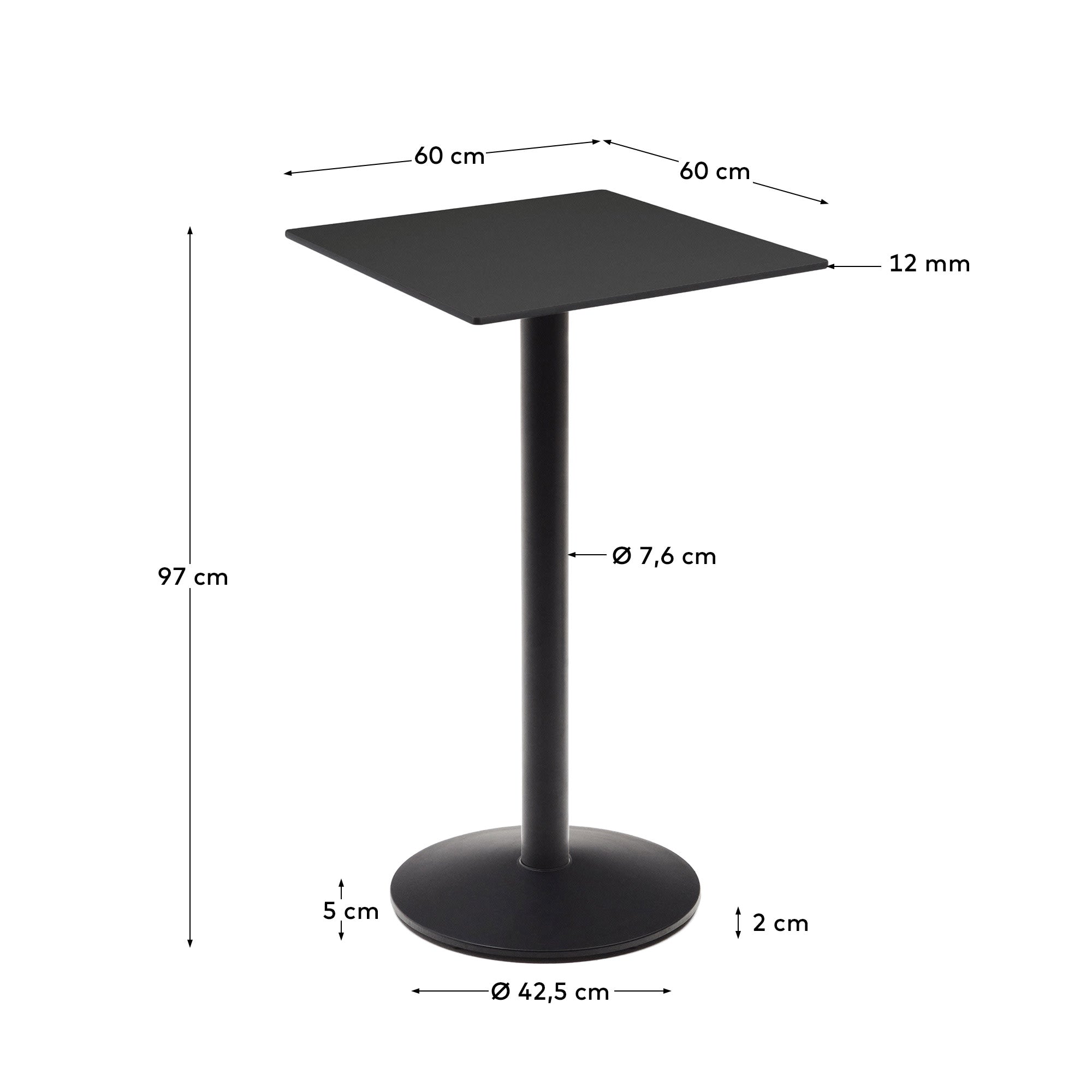 Stylischer Esilda Stehtisch in elegantem Schwarz, 60 x 60 x 96 cm. Robustes Metallgestell, ideal für Outdoor-Bereiche und kreative Kombinationen.