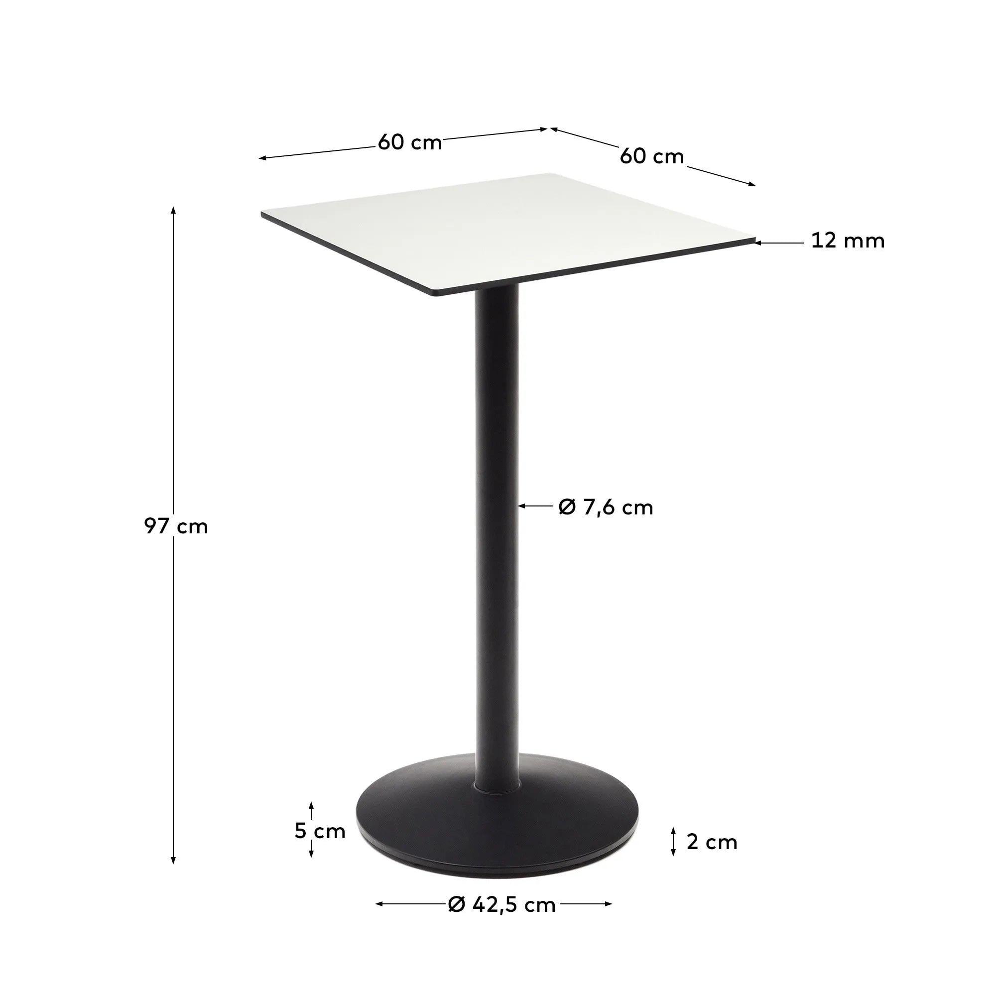 Eleganter Stehtisch Esilda mit weißer Tischplatte und schwarzem Metallgestell, 60x60x96 cm, perfekt für moderne Wohnräume.