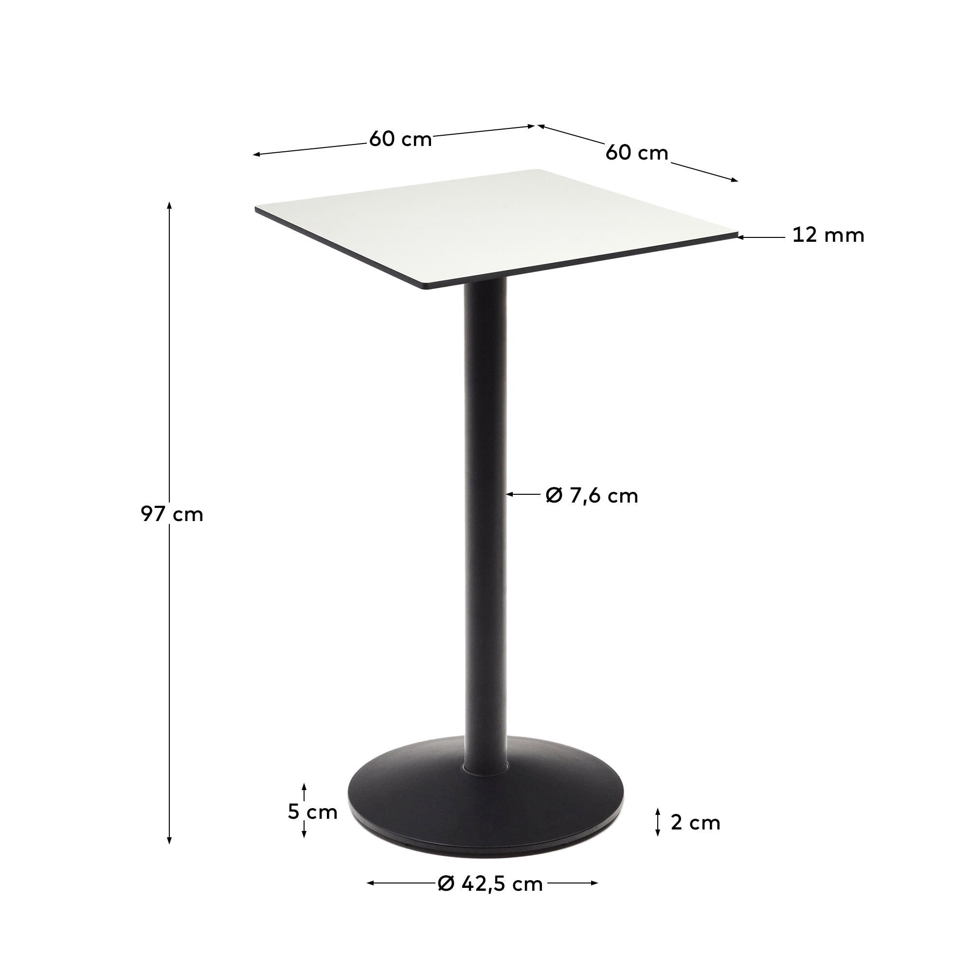 Moderner Esilda Stehtisch in Weiß mit stabilen, schwarz lackierten Metallbeinen. Perfekt für Terrassen und Gärten, langlebig und pflegeleicht.