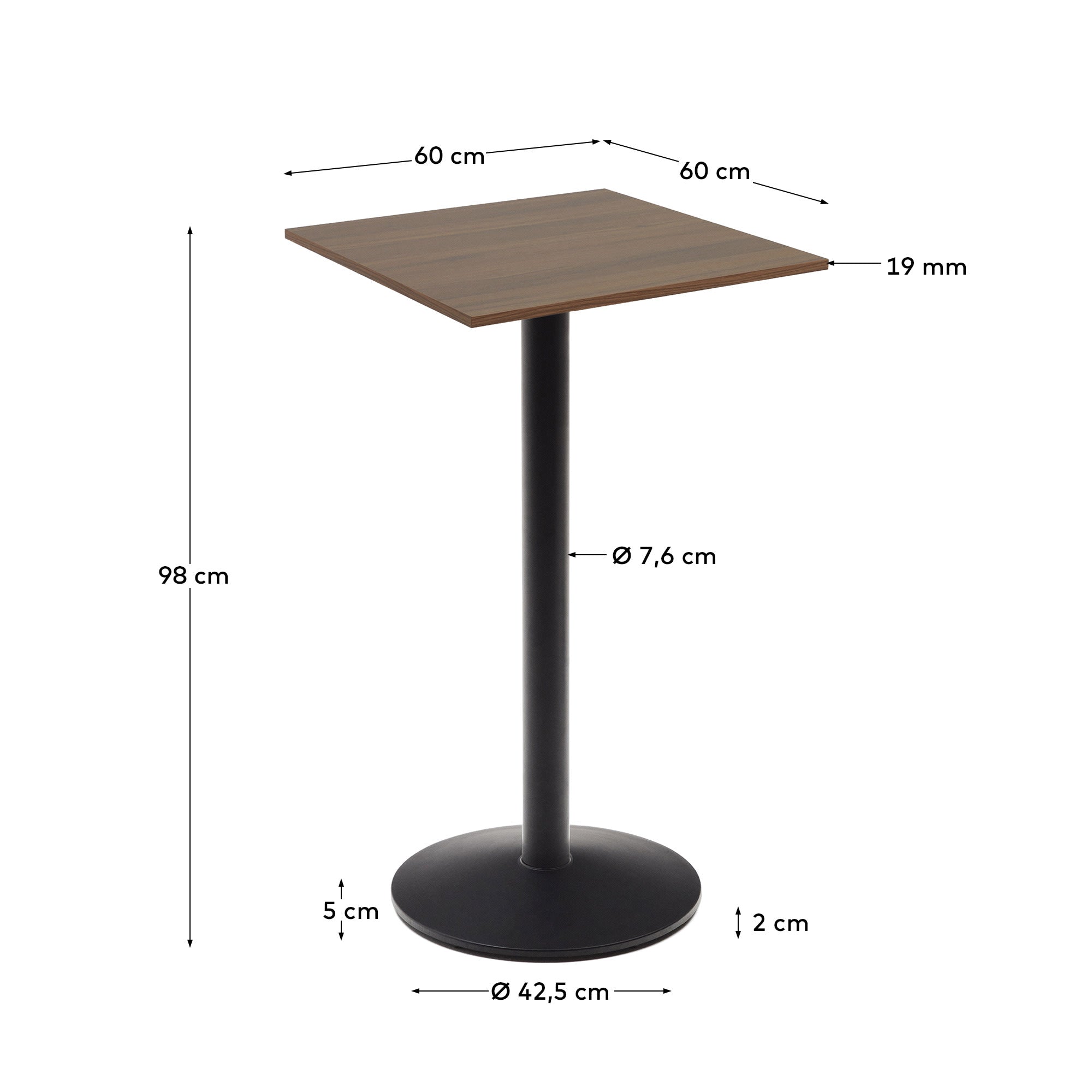 Eleganter Stehtisch mit Nussbaum-Melamin-Oberfläche und schwarzem Metallbein, 60x60x96 cm, ideal für moderne Wohn- und Arbeitsräume.