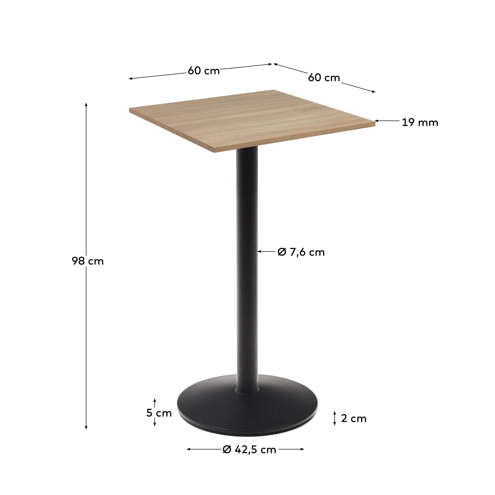 Eleganter Stehtisch Esilda: 60x60x96 cm, Melamin in Holzoptik, schwarze Metallbeine, perfekt für moderne und stilvolle Einrichtungen.