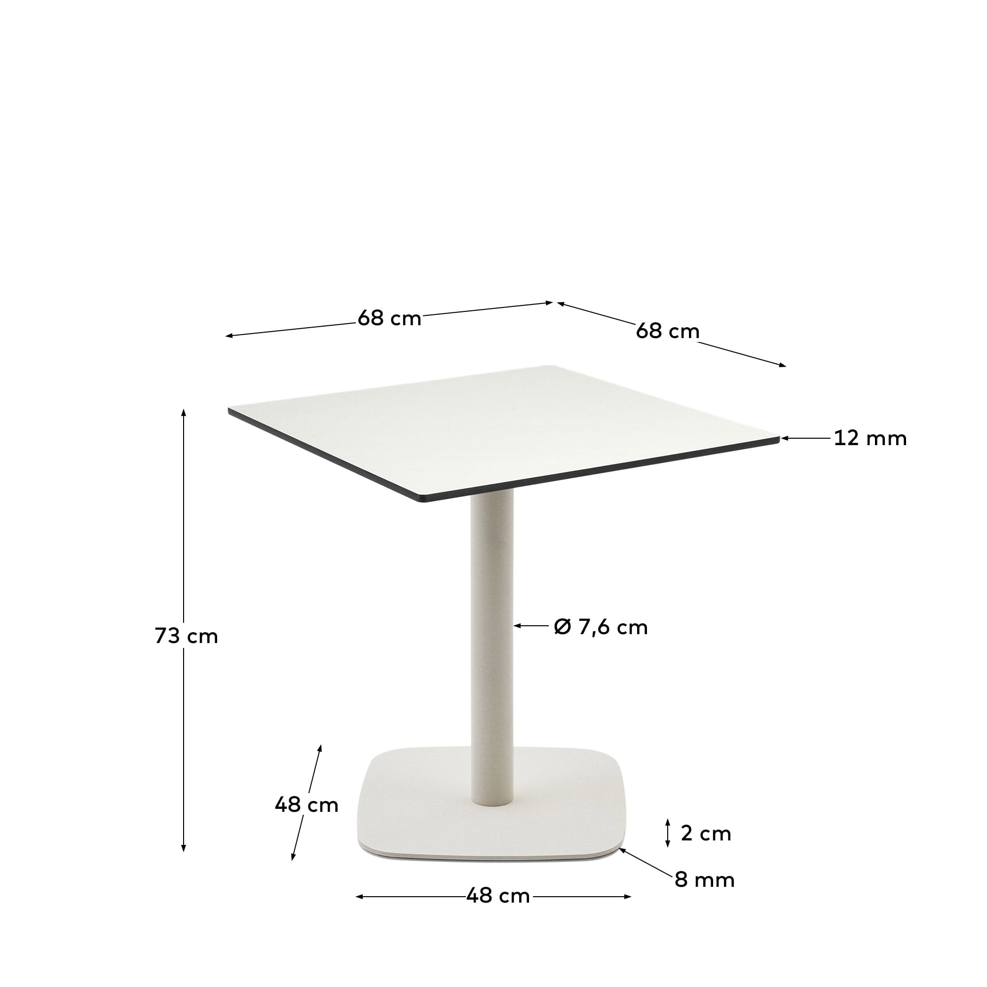 Stilvoller Dina Outdoor-Tisch in elegantem Weiß, 68 x 68 x 70 cm, mit langlebigem Metallgestell und widerstandsfähiger HPL-Oberfläche – perfekt für jeden Außenbereich.