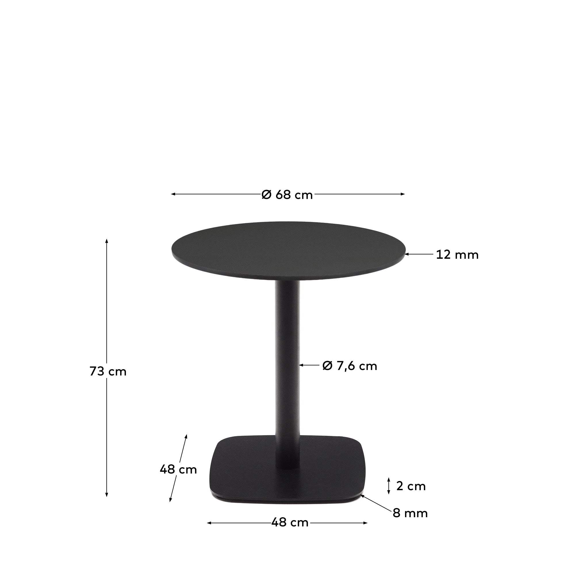 Eleganter runder Outdoor-Tisch Dina in Schwarz, Ø 68 cm, mit stabilem Metallbein, perfekt für moderne Außenbereiche.