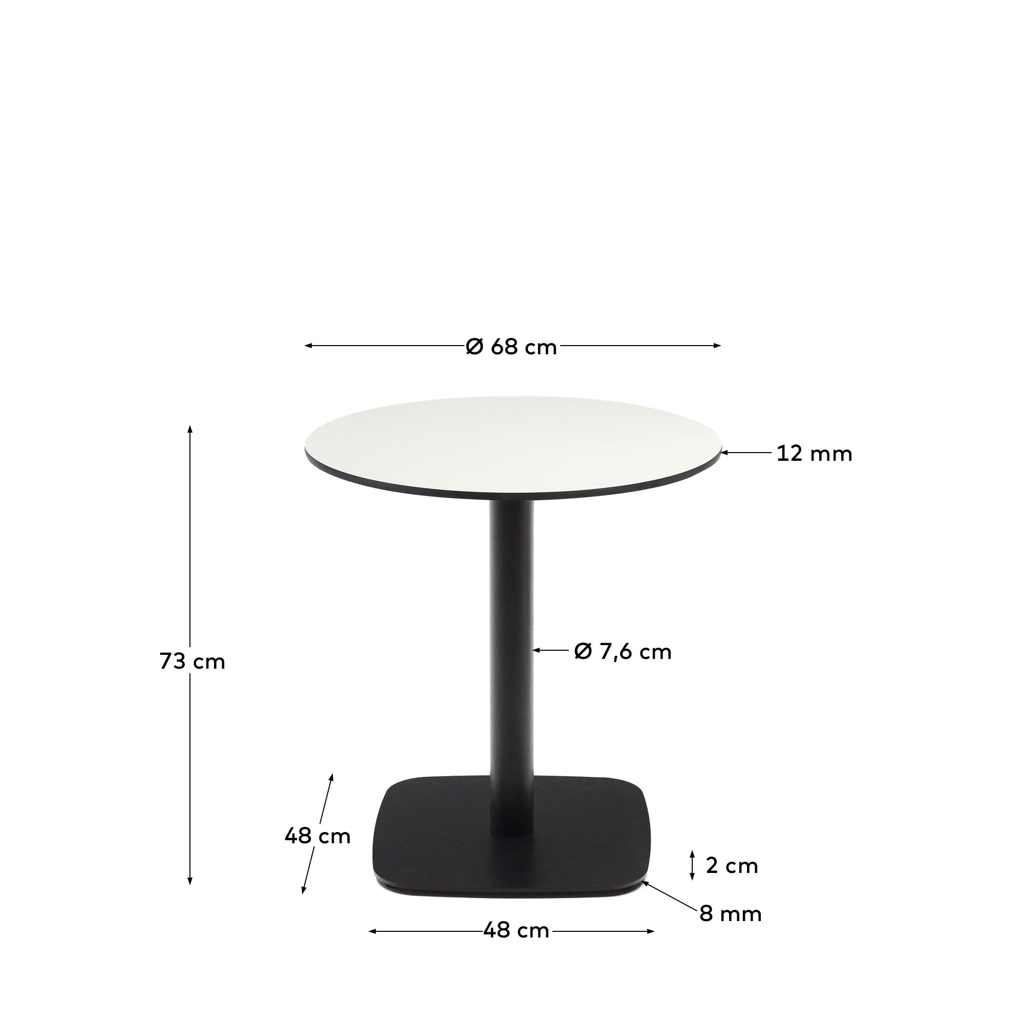 Runder Outdoor-Tisch Dina in Weiß, Ø 68x70 cm, mit stabilem schwarz lackiertem Metallbein, perfekt für Terrasse oder Garten.