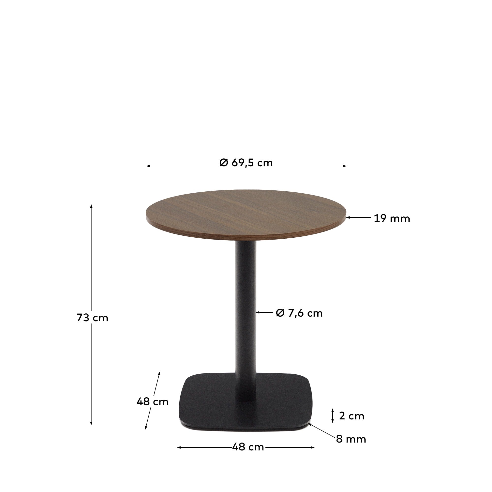 Moderner runder Tisch Dina mit Ø 68 cm, Nussbaum-Melamin und stabilen, schwarz lackierten Metallbeinen. Ideal für Esszimmer und kreative Wohnkonzepte.