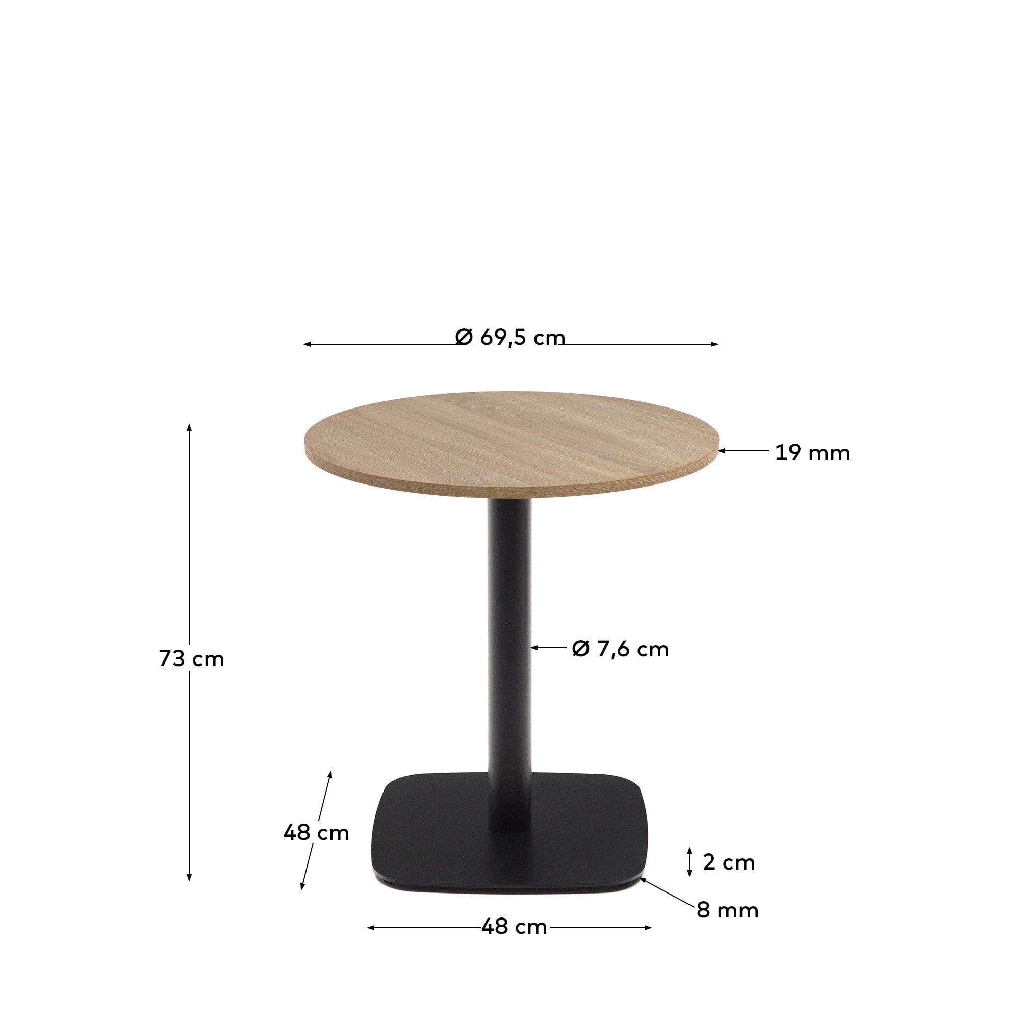 Moderner runder Tisch Dina Ø68x70cm, naturfarbenes Melamin, schwarzes Metallbein, ideal für vielseitige Wohnraumgestaltung.