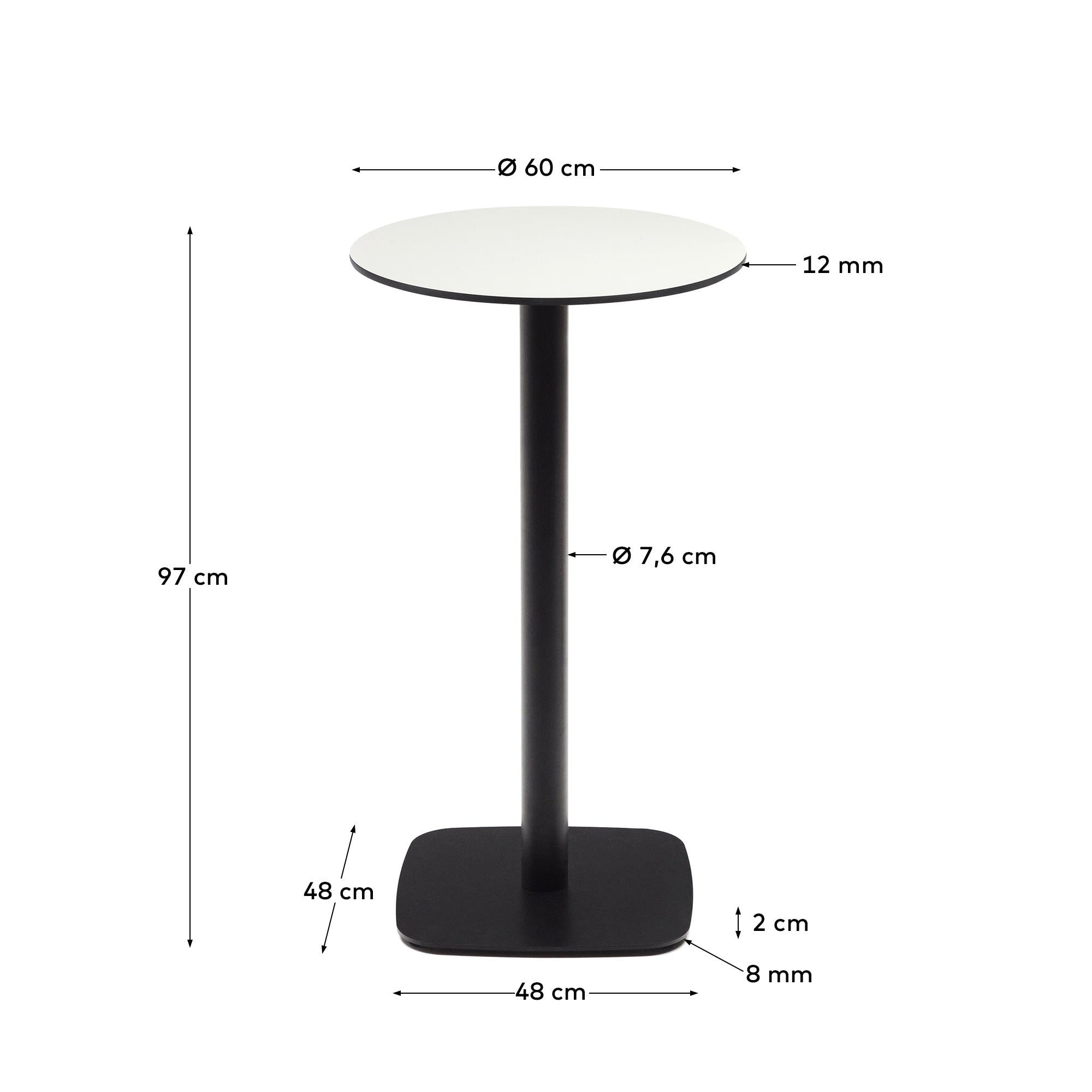 Moderner runder Outdoor-Tisch Dina, Ø60x96 cm, weißer Tisch mit schwarzem Metallbein, ideal für stilvolle Außenbereiche.