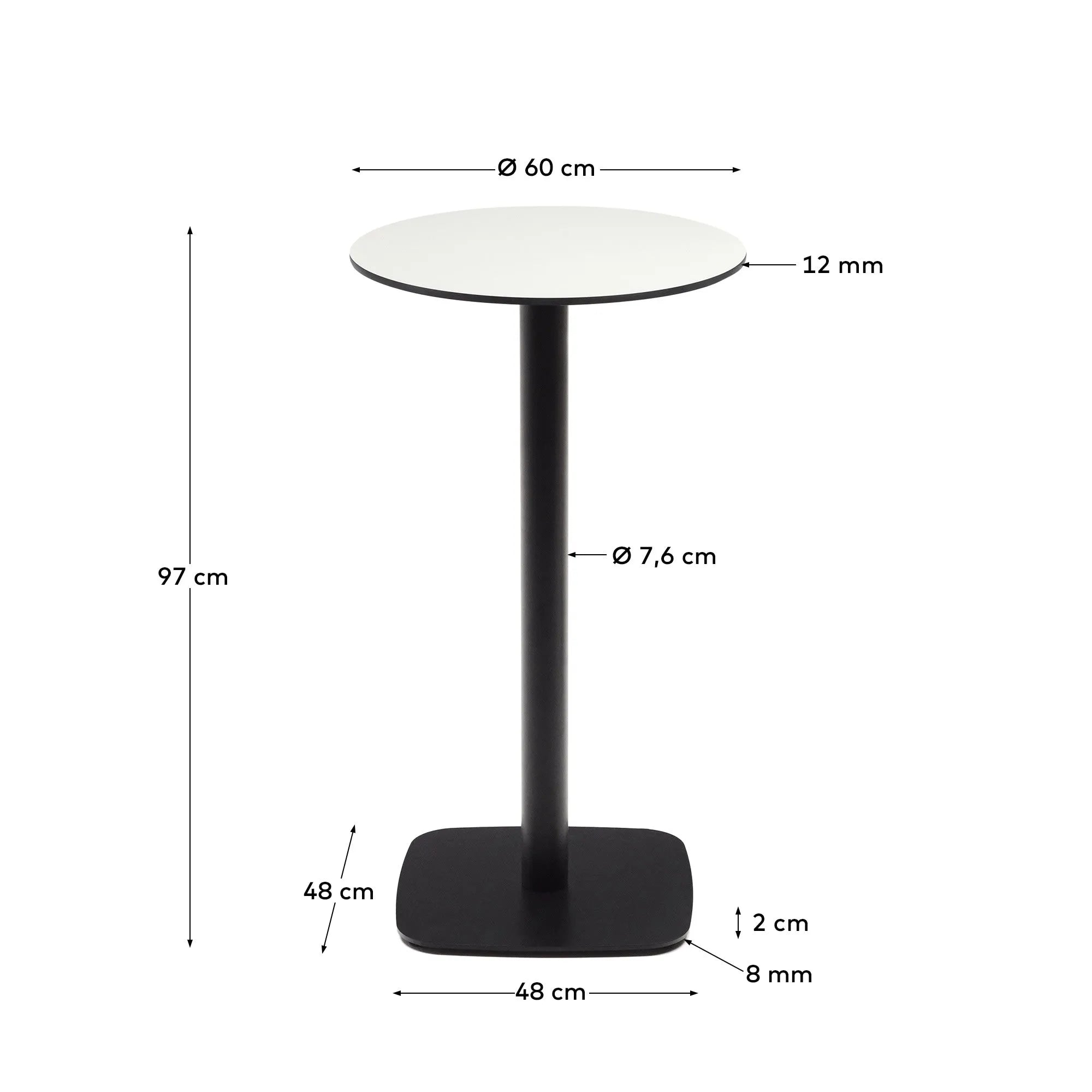 Eleganter Outdoor-Tisch Dina, Ø60x96 cm, weißer runder Tisch mit schwarzem Metallbein, perfekt für moderne Außenbereiche.