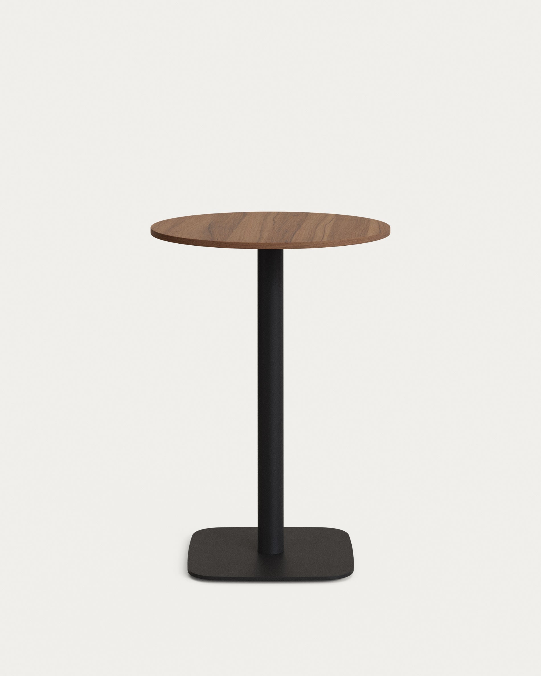 Eleganter Dina Hochtisch Ø60x96 cm: Nussbaum-Finish, schwarzes Metallbein, pflegeleicht, ideal für moderne Räume und gesellige Treffen.