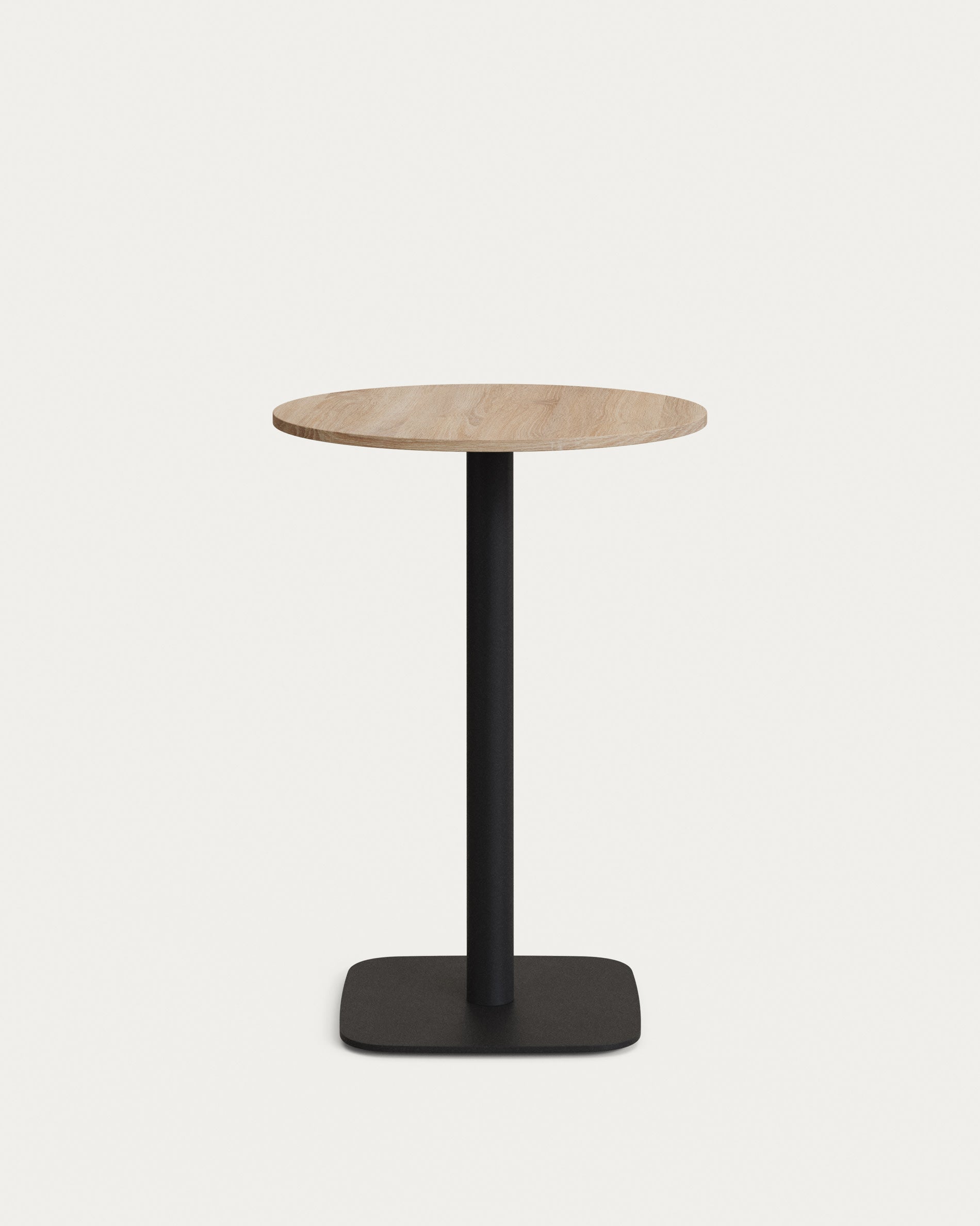 Runder Stehtisch Dina von Kave Home, Ø 60 cm, naturfarbenes Melamin, schwarzes Metallbein, modern und stilvoll, Höhe 96 cm.