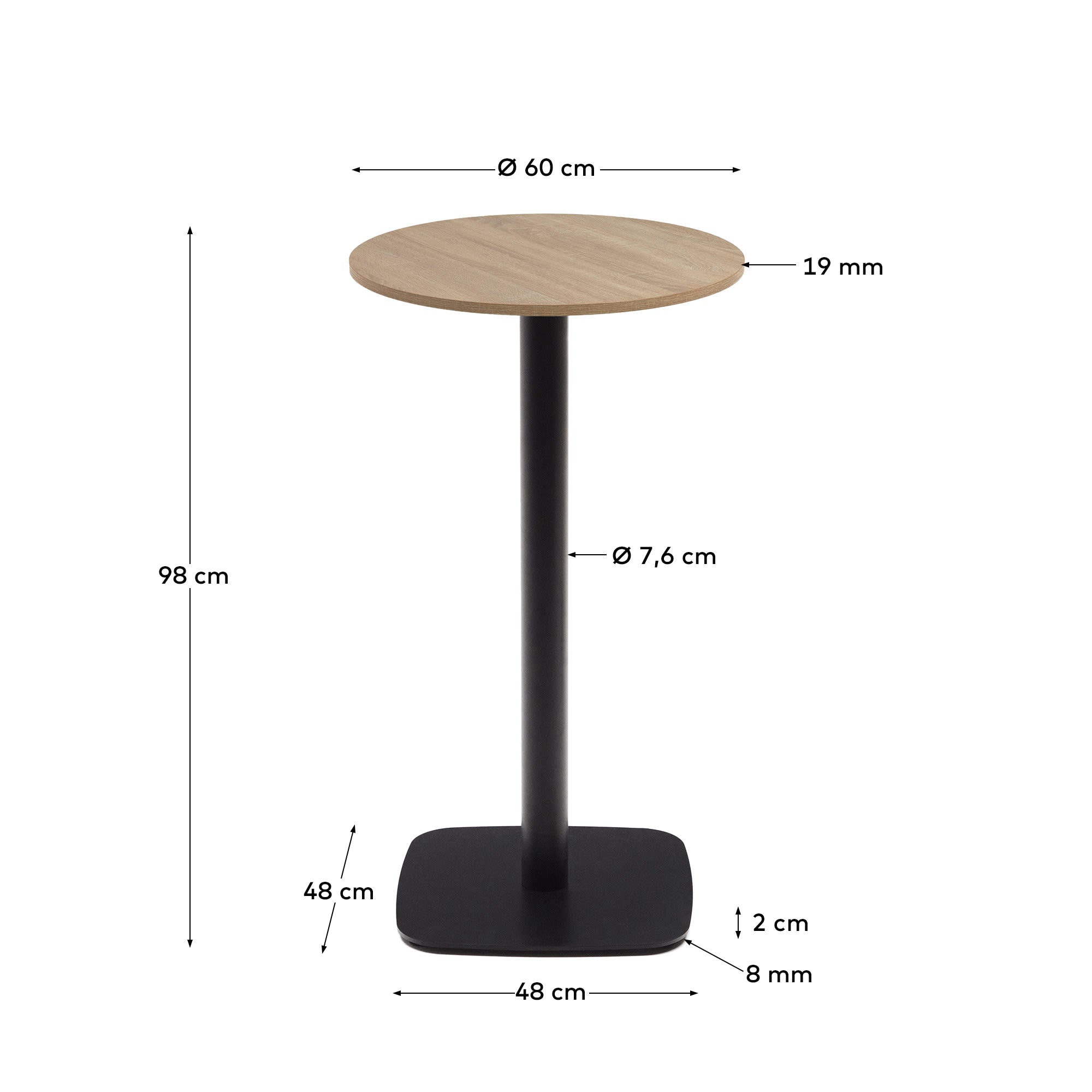 Runder Stehtisch Dina von Kave Home, Ø 60 cm, naturfarbenes Melamin, schwarzes Metallbein, modern und stilvoll, Höhe 96 cm.