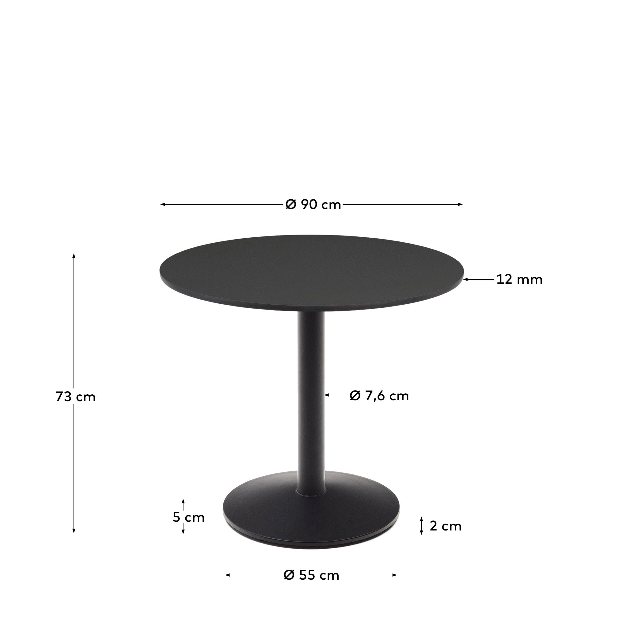 Moderner Esilda Outdoor-Tisch, rund, schwarz, Ø 90 cm, 70 cm hoch, mit robustem Metallbein, ideal für stilvolle Außenbereiche.