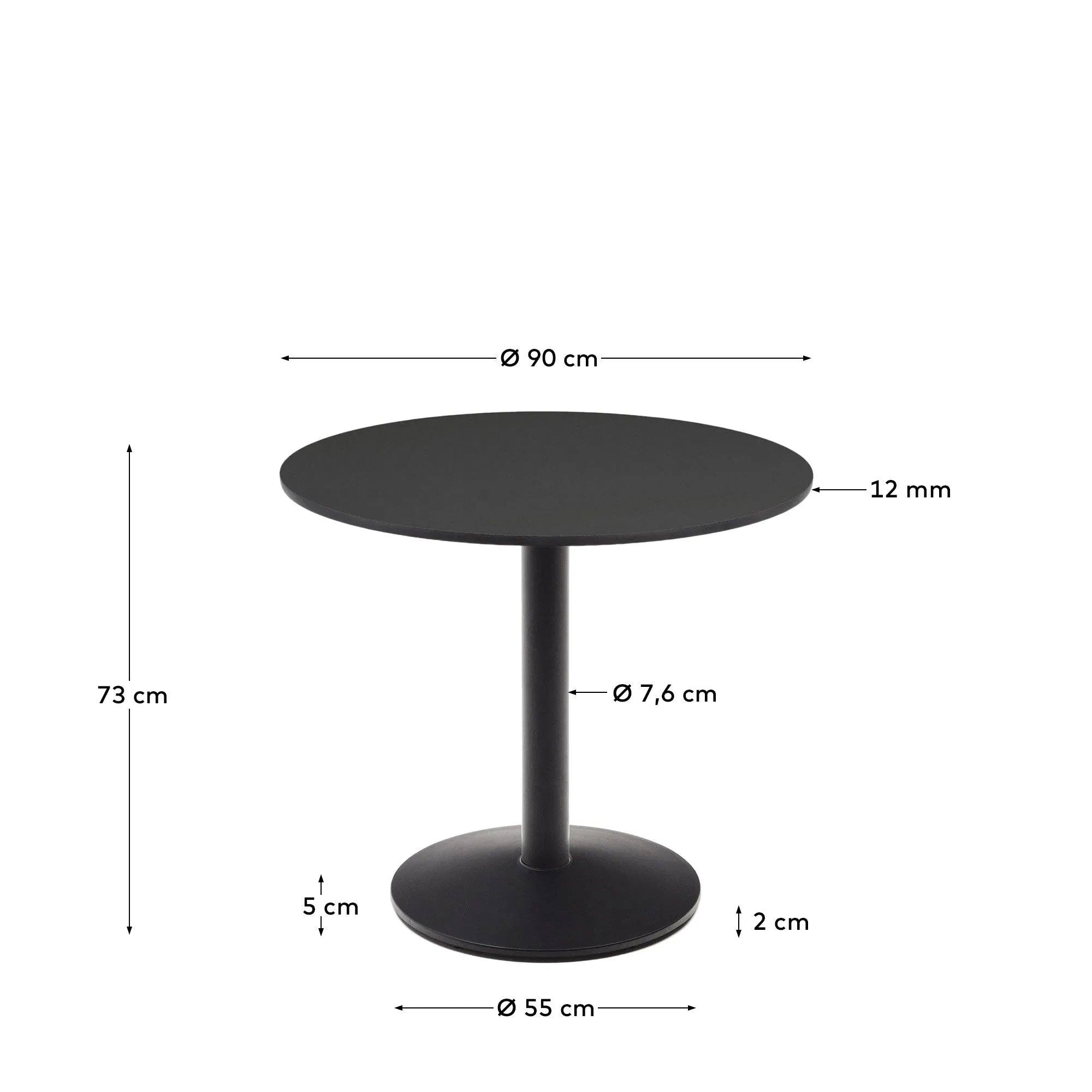 Eleganter runder Esilda Outdoor-Tisch, schwarz, Ø 90 cm, 70 cm hoch, mit stabilem Metallbein, perfekt für moderne Außenbereiche.