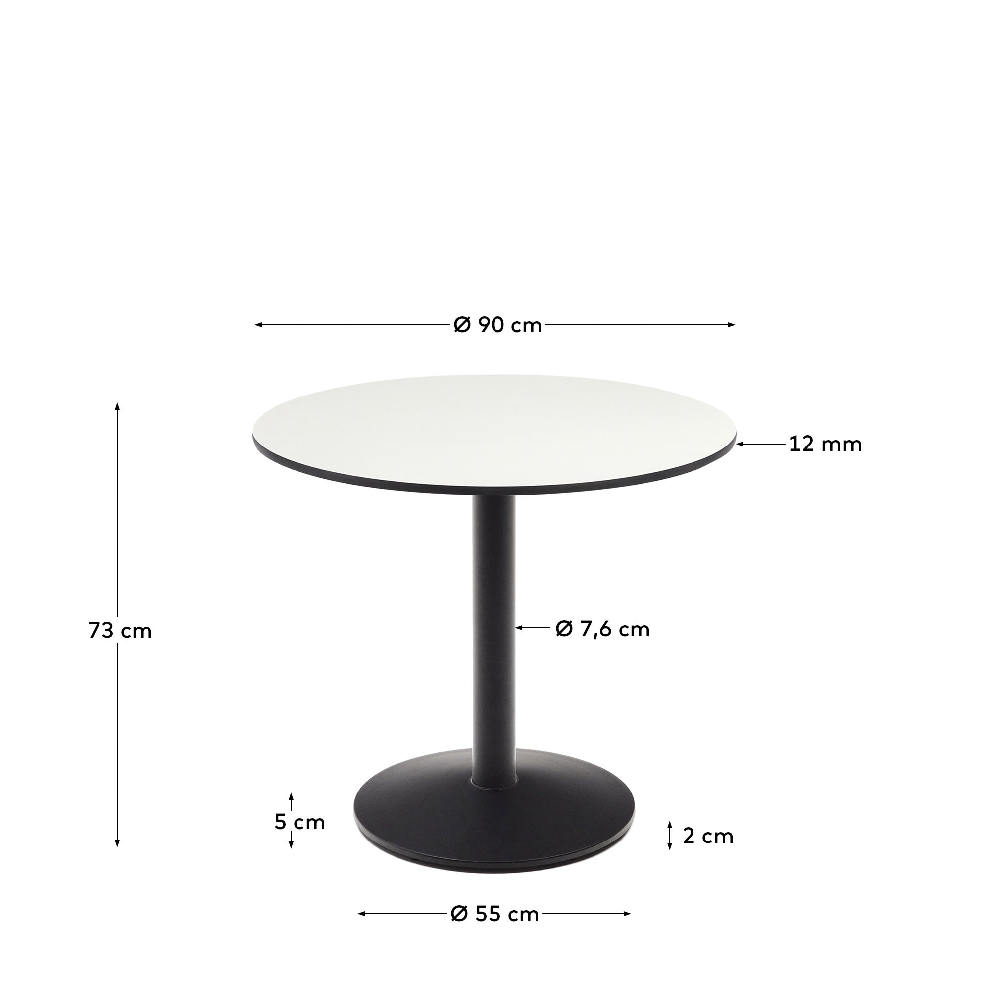 Eleganter runder Outdoor-Tisch Esilda in Weiß, Ø 90 cm, mit schwarzem Metallgestell, perfekt für moderne Außenbereiche.