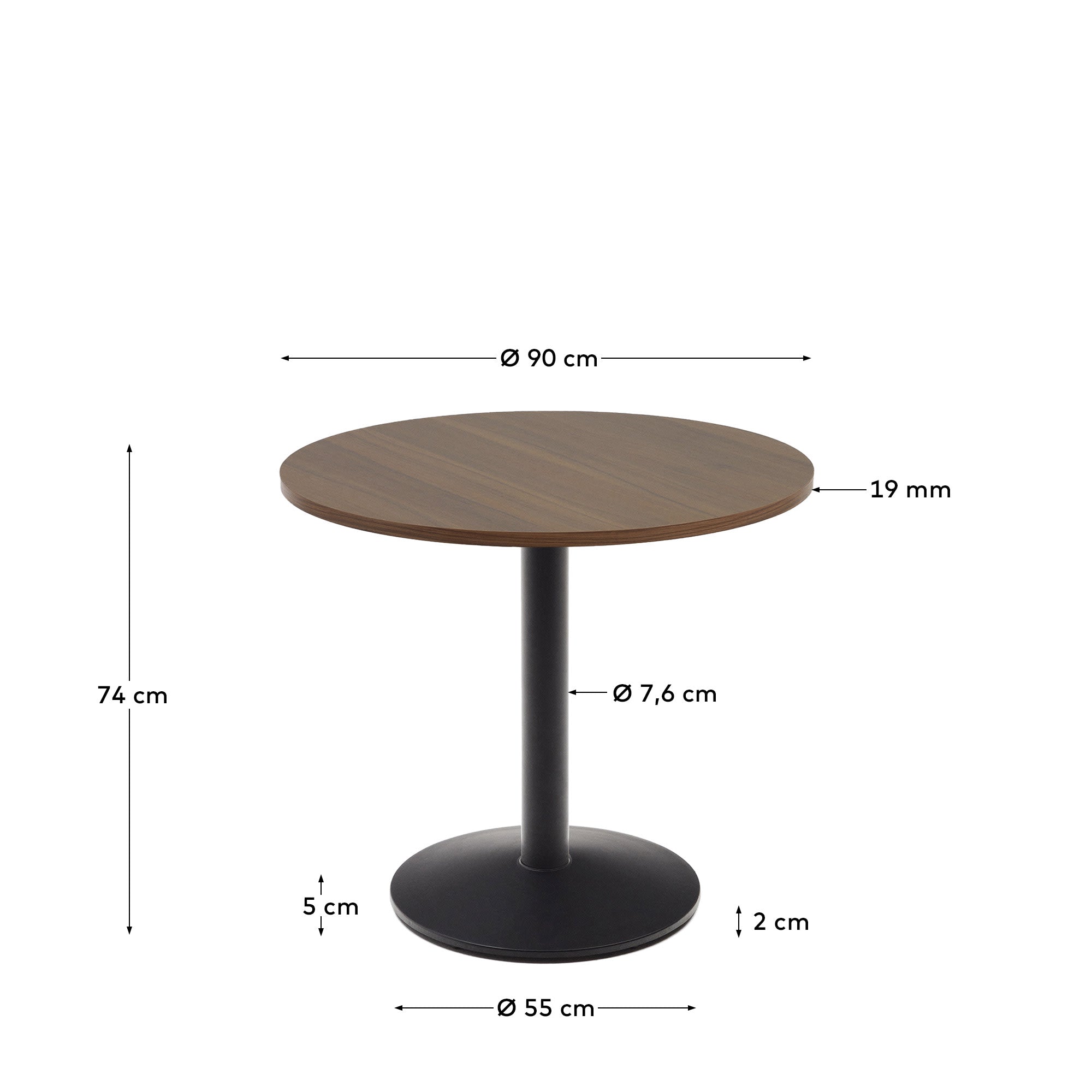 Eleganter runder Tisch Esilda mit Nussbaum-Melamin-Oberfläche und stabilen Metallbeinen in Schwarz – ideal für stilvolle Esszimmer.