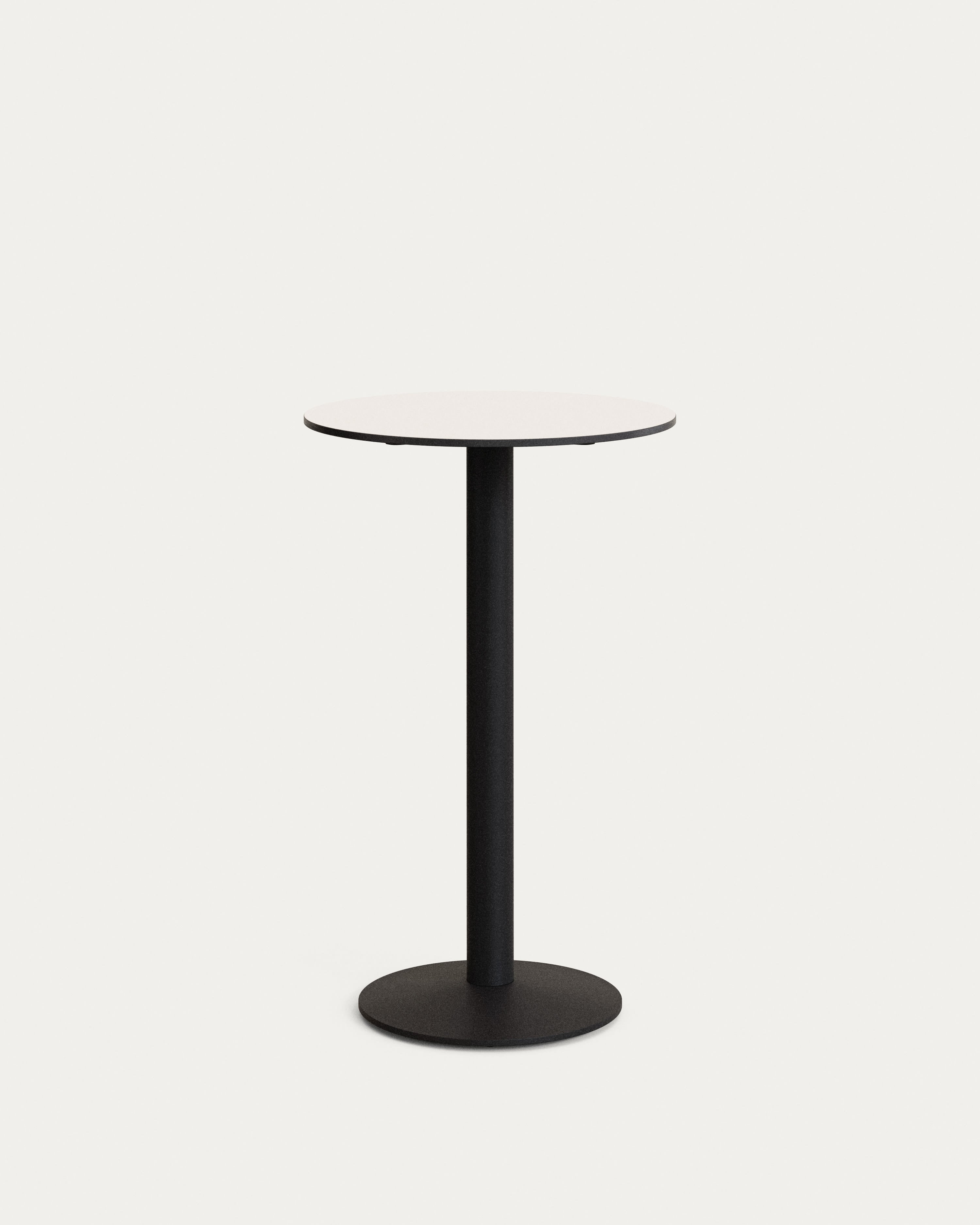 Eleganter Esilda Stehtisch: Weiss, Ø 60 cm, H 96 cm, HPL-Platte, schwarz lackiertes Metallbein, ideal für Aussenbereiche.