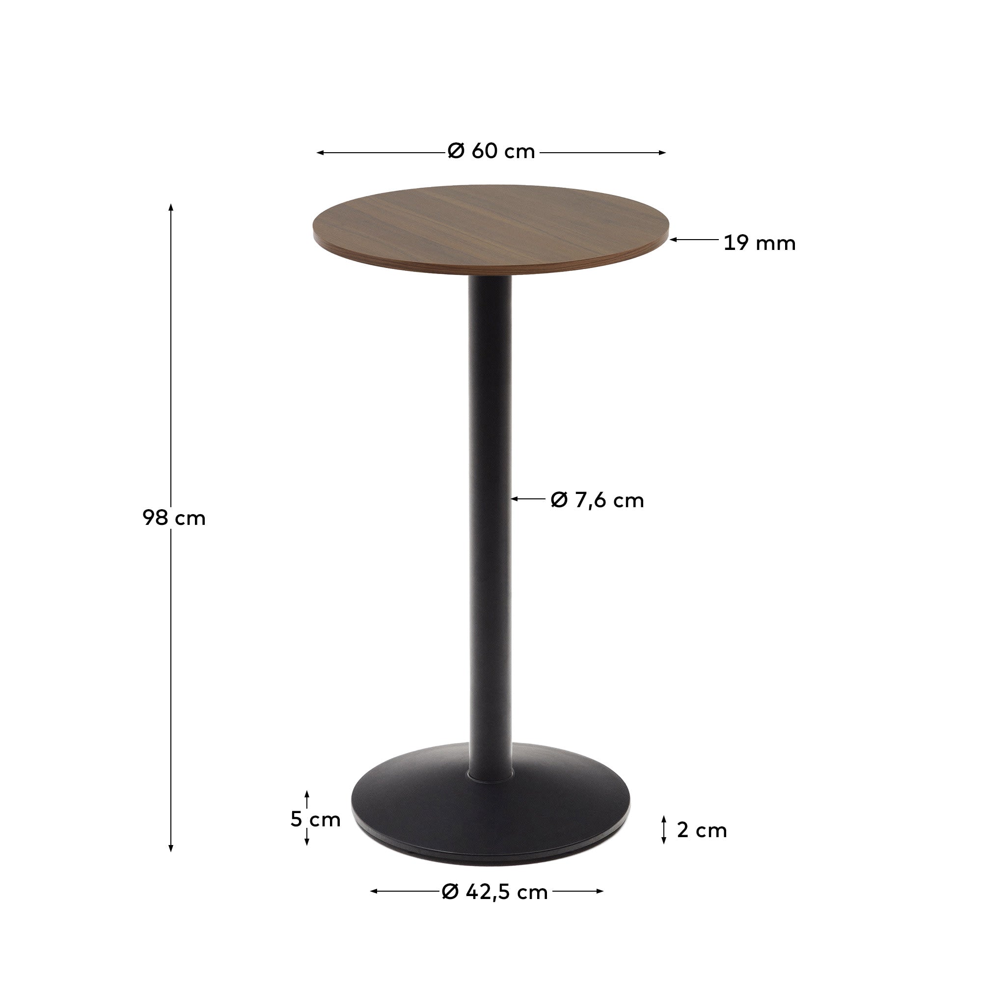 Runder Stehtisch Esilda mit stilvoller Nussbaum-Melaminplatte und robustem schwarzem Metallbein – perfekt für Cafés und Zuhause.