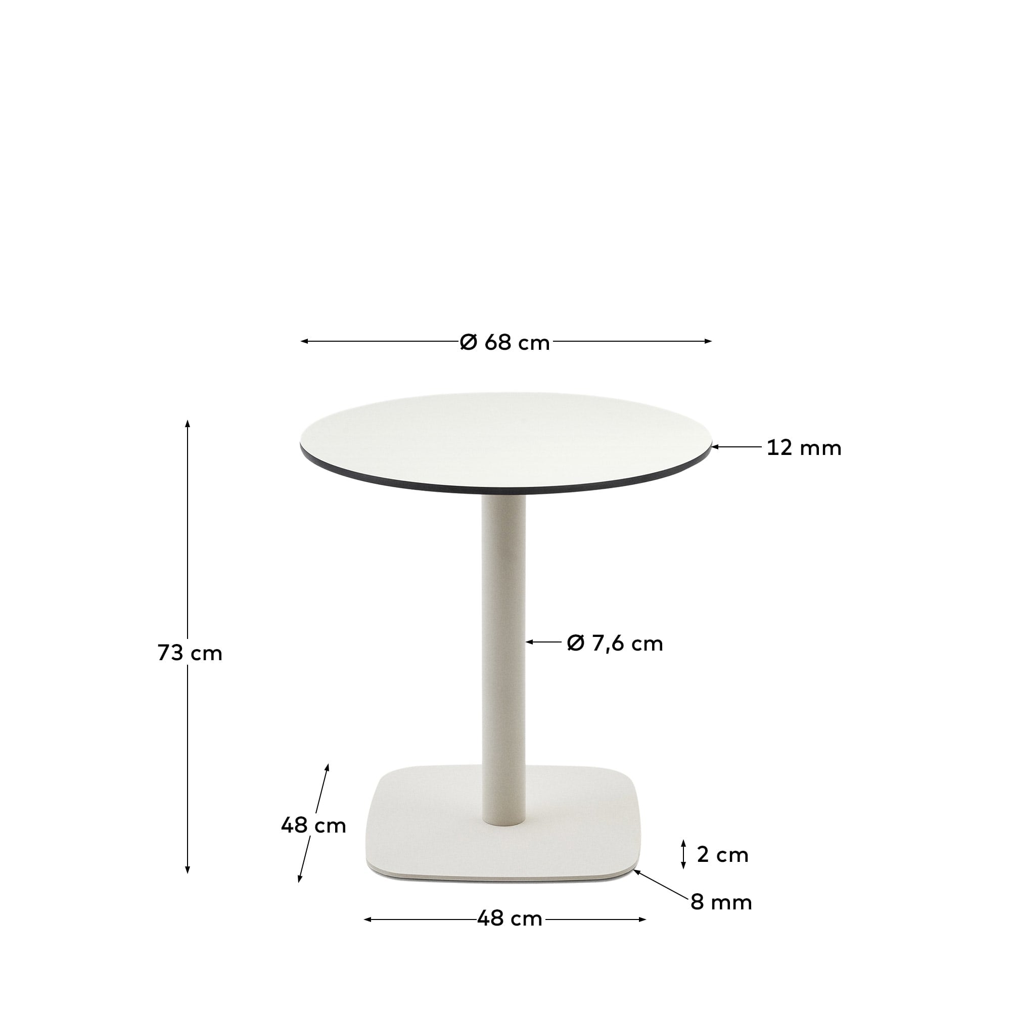 Eleganter, wetterfester Outdoor-Tisch Dina in Weiß, Ø 68x70 cm, mit robustem HPL und stilvollem Metallbein für vielseitige Gartenmomente.