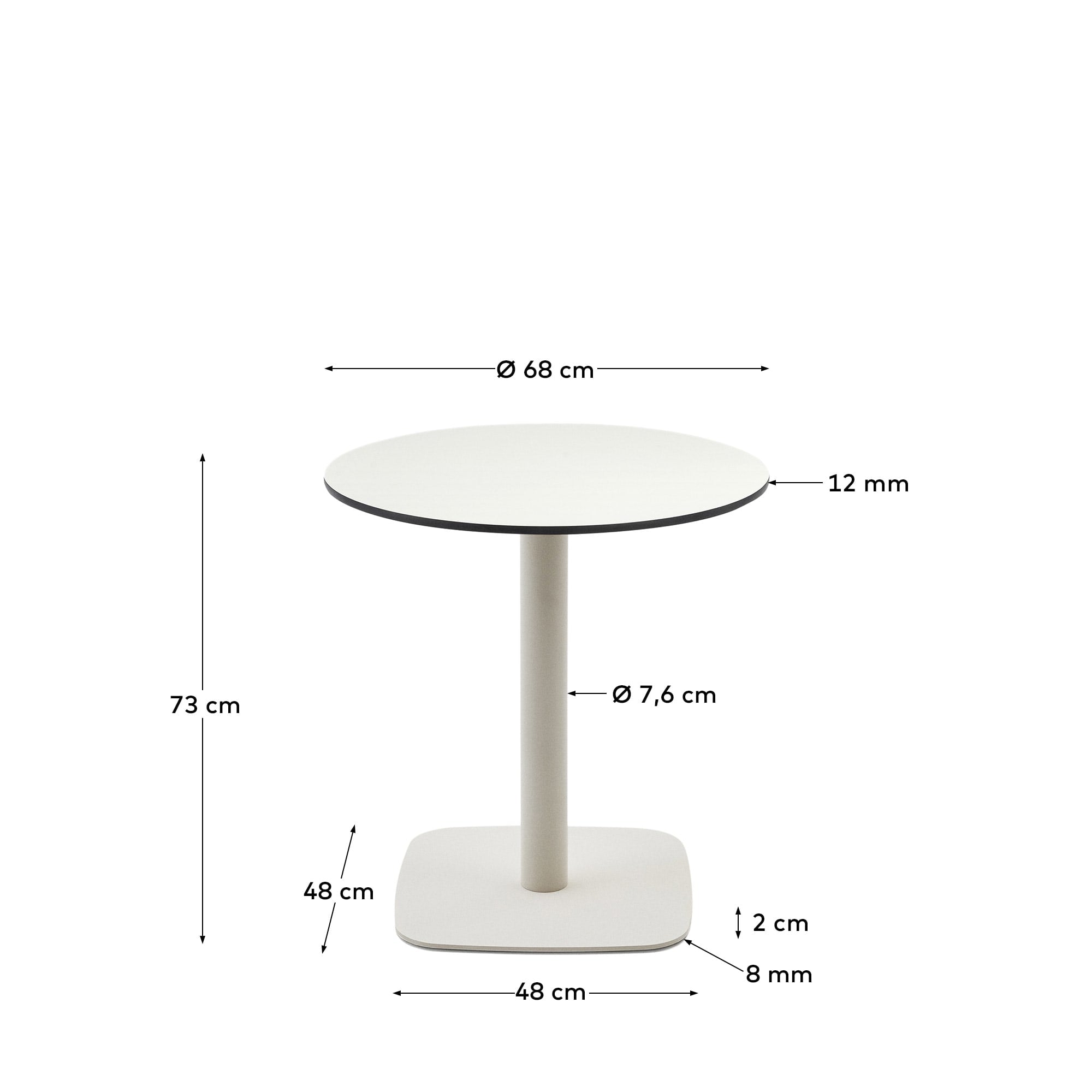 Moderner runder Outdoor-Tisch Dina in Weiß, Ø 68x70 cm, mit robustem weiß lackiertem Metallbein, ideal für Terrasse oder Balkon.