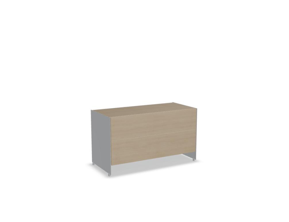 Büroschrank Aloox von Tamo in Eiche Natur mit Massivholzfront, Aluminium-Korpus und Aluminiumfüssen, freistehend oder hängend montierbar.