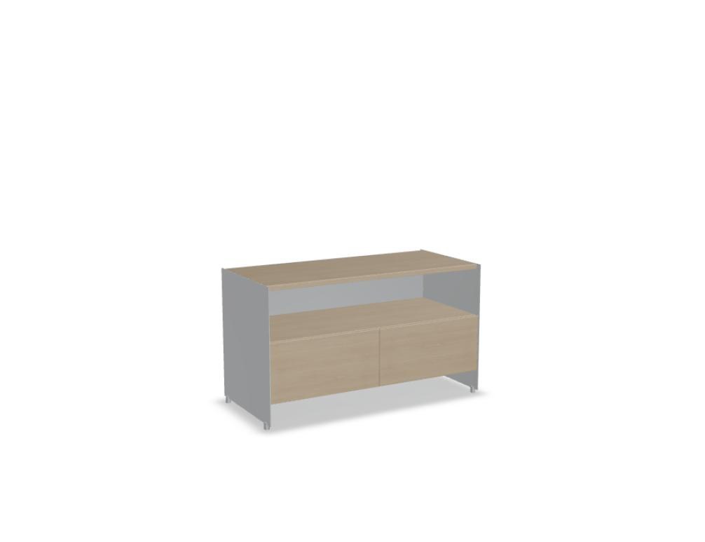 Büroschrank Aloox von Tamo in Eiche Natur mit Massivholzfront, Aluminium-Korpus und Aluminiumfüssen, freistehend oder hängend montierbar.