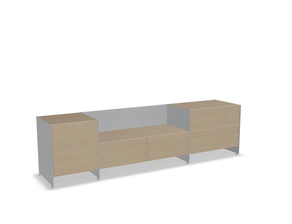 Büroschrank Aloox von Tamo in Eiche Natur mit Massivholzfront, Aluminium-Korpus und Aluminiumfüssen, freistehend oder hängend montierbar.