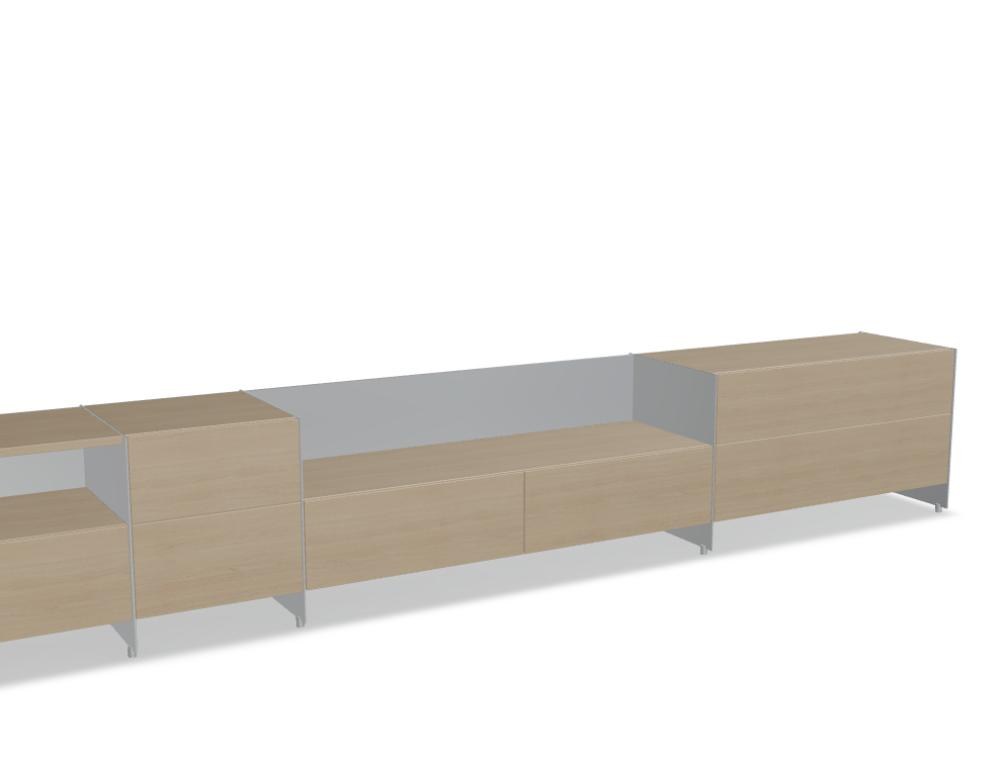 Büroschrank Aloox von Tamo in Eiche Natur mit Massivholzfront, Aluminium-Korpus und Aluminiumfüssen, freistehend oder hängend montierbar.