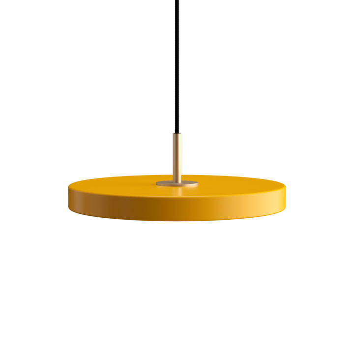 Elegante Asteria Mini Pendellampe in Saffron Yellow, ideal für moderne Innenräume und als Blickfang über Tischen oder in Wohnbereichen.