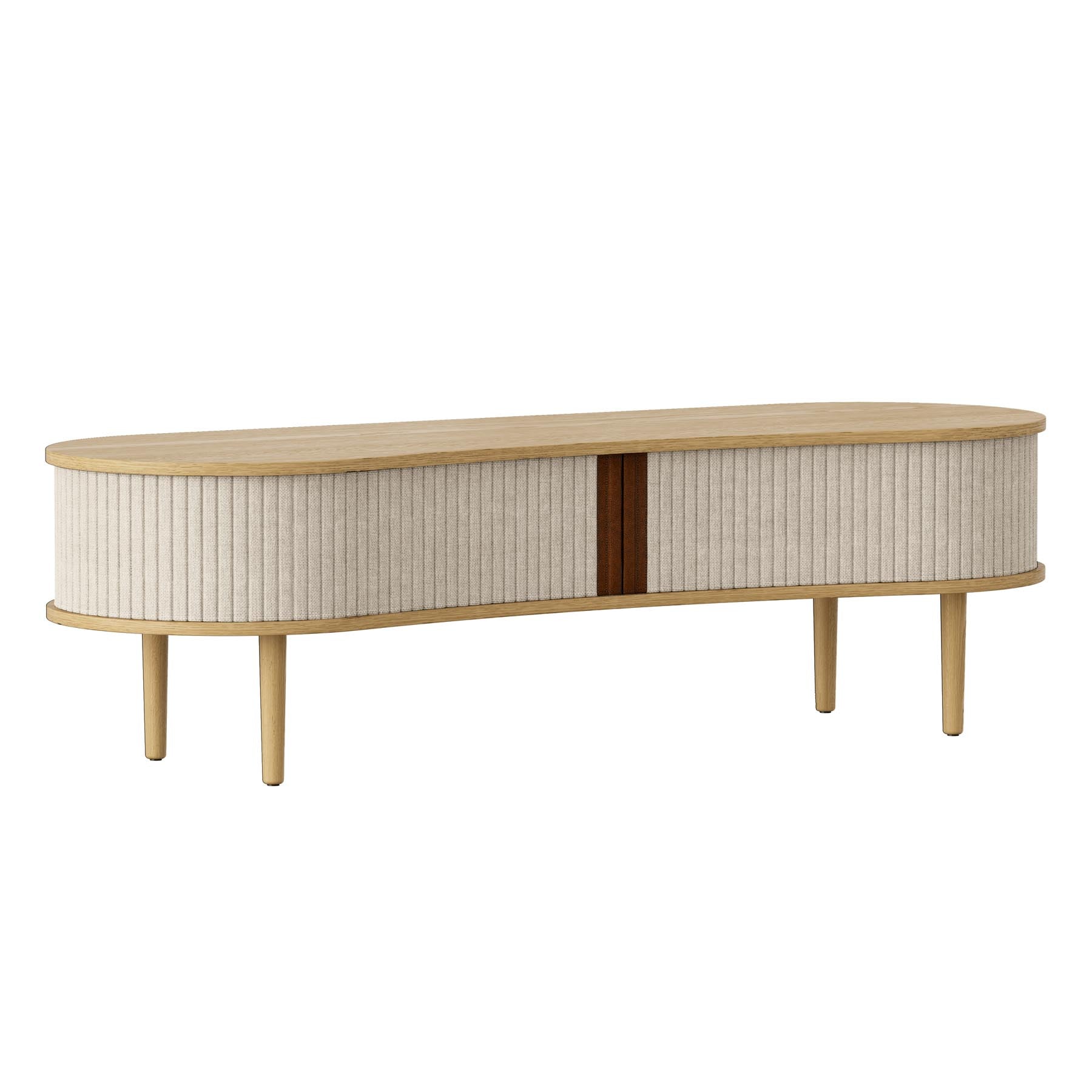 Elegante Audacious TV Bank von Umage in sanften Weißtönen, ideal für ein modernes Wohnzimmer und zur stilvollen Präsentation von TV-Geräten.