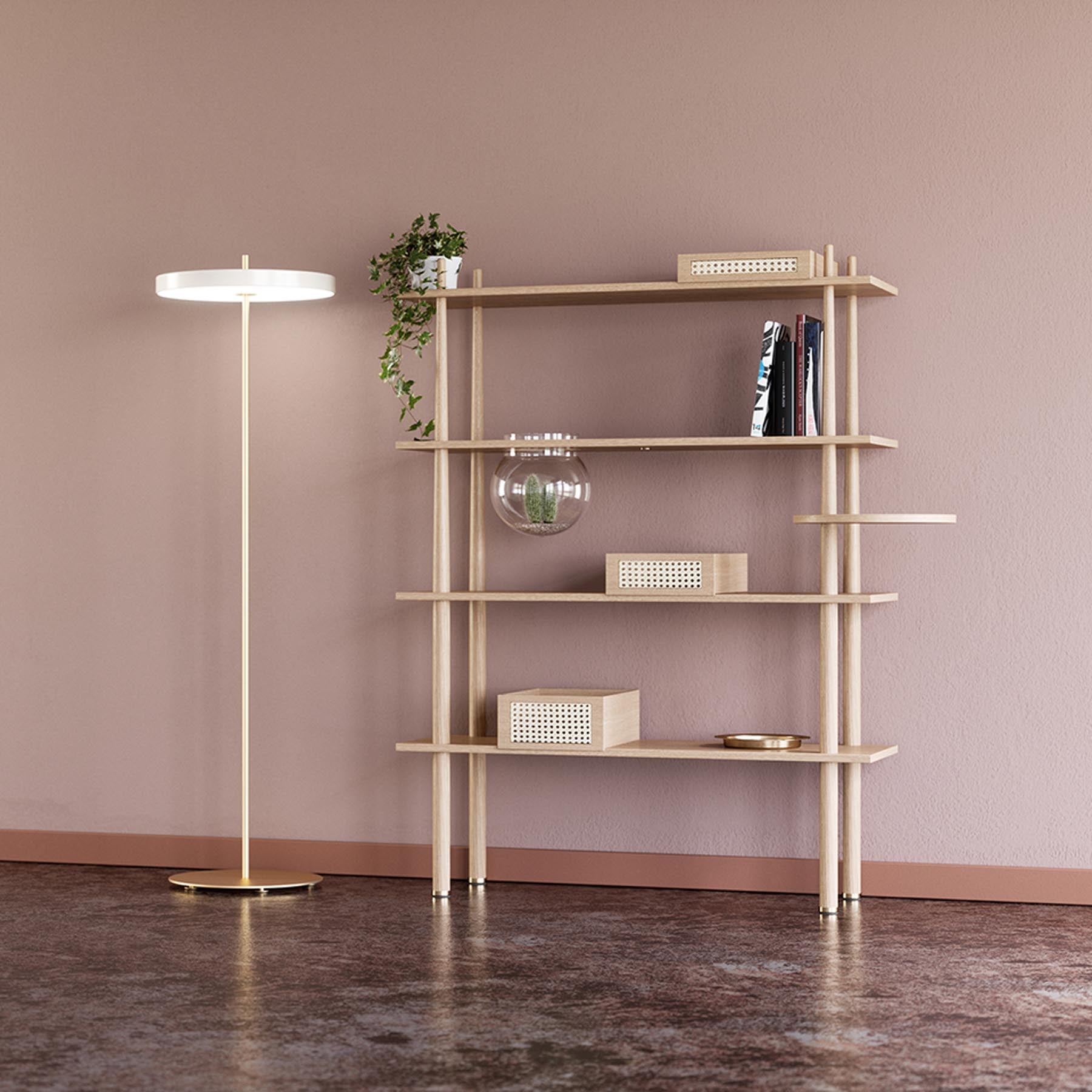 Elegantes Standregal aus Eichenholz mit drei passenden Aufbewahrungsboxen, ideal für stilvolle Ordnung und Akzente in jedem Wohnraum.