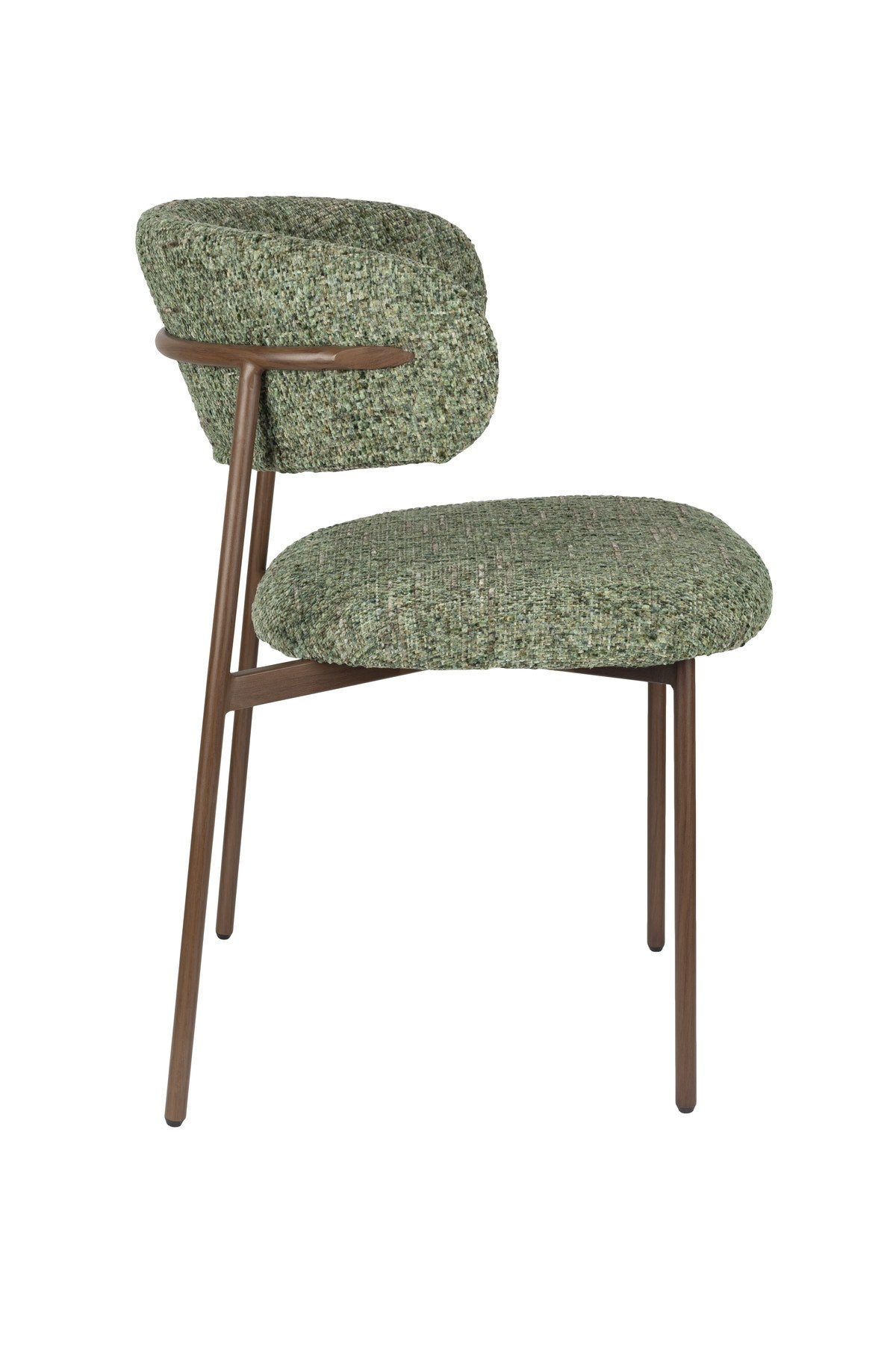 Stuhl Claes von White Label Living mit grünem Polyesterbezug, schwarzem Gestell und gepolstertem Sitz aus PU-Schaum.