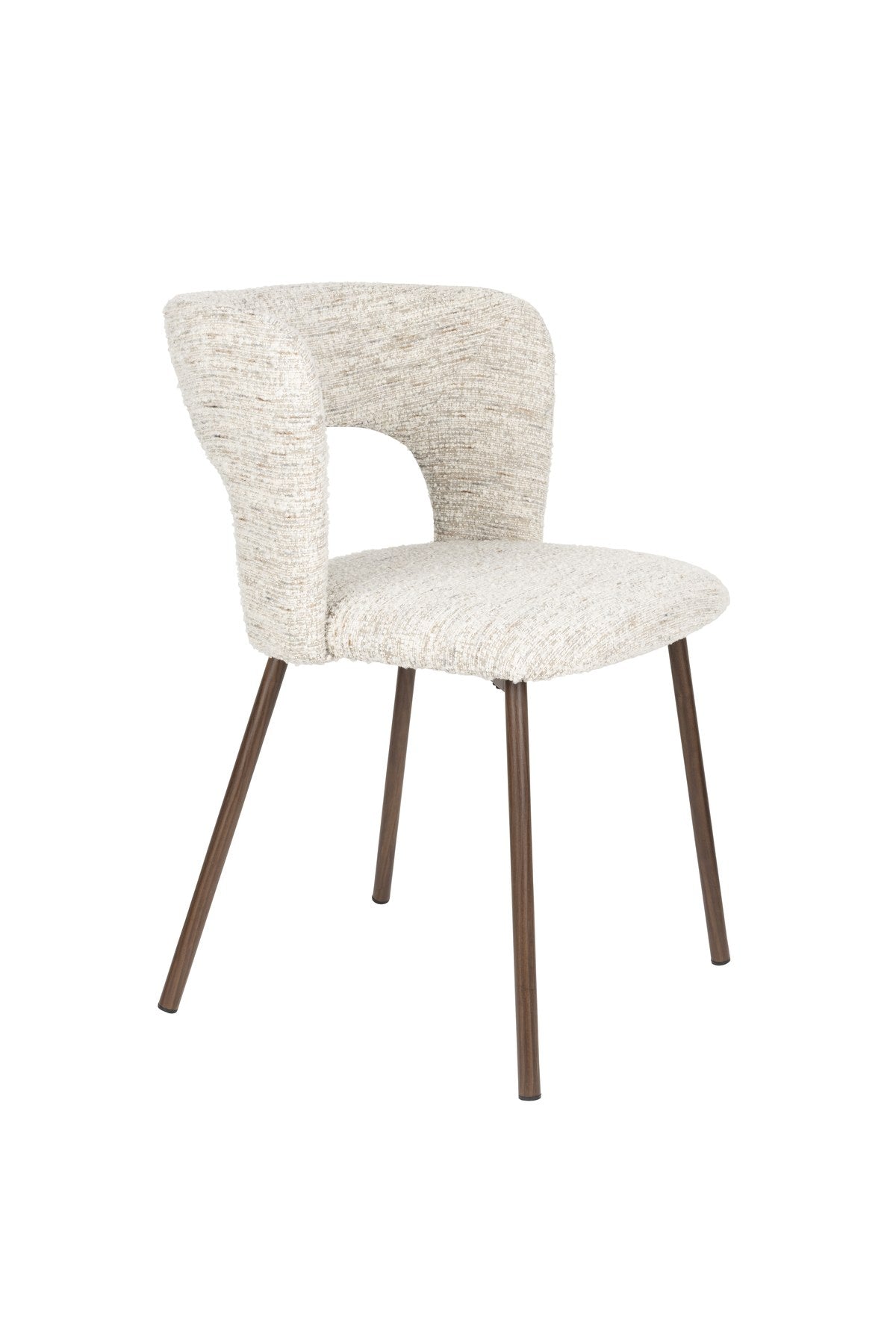 Stuhl Chelsea von White Label Living mit beigem, grob gewebtem Polsterbezug und schlankem Gestell mit bogenförmiger Rückenlehne.