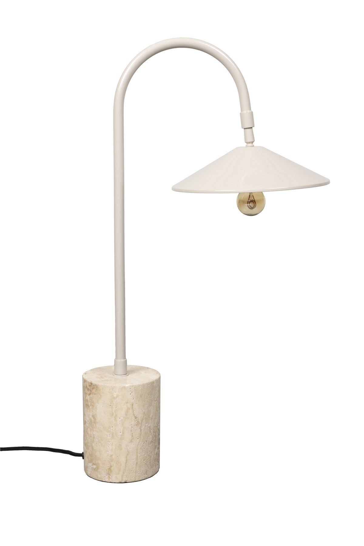 Graue Tischleuchte Desk Lamp Enno mit zylindrischem Travertin-Fuss, Bogen und Lampenschirm aus Eisen sowie schwarzem Kabel, Modell von White Label Living.