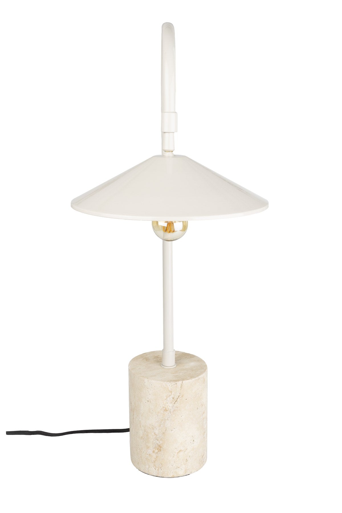 Graue Tischleuchte Desk Lamp Enno mit zylindrischem Travertin-Fuss, Bogen und Lampenschirm aus Eisen sowie schwarzem Kabel, Modell von White Label Living.