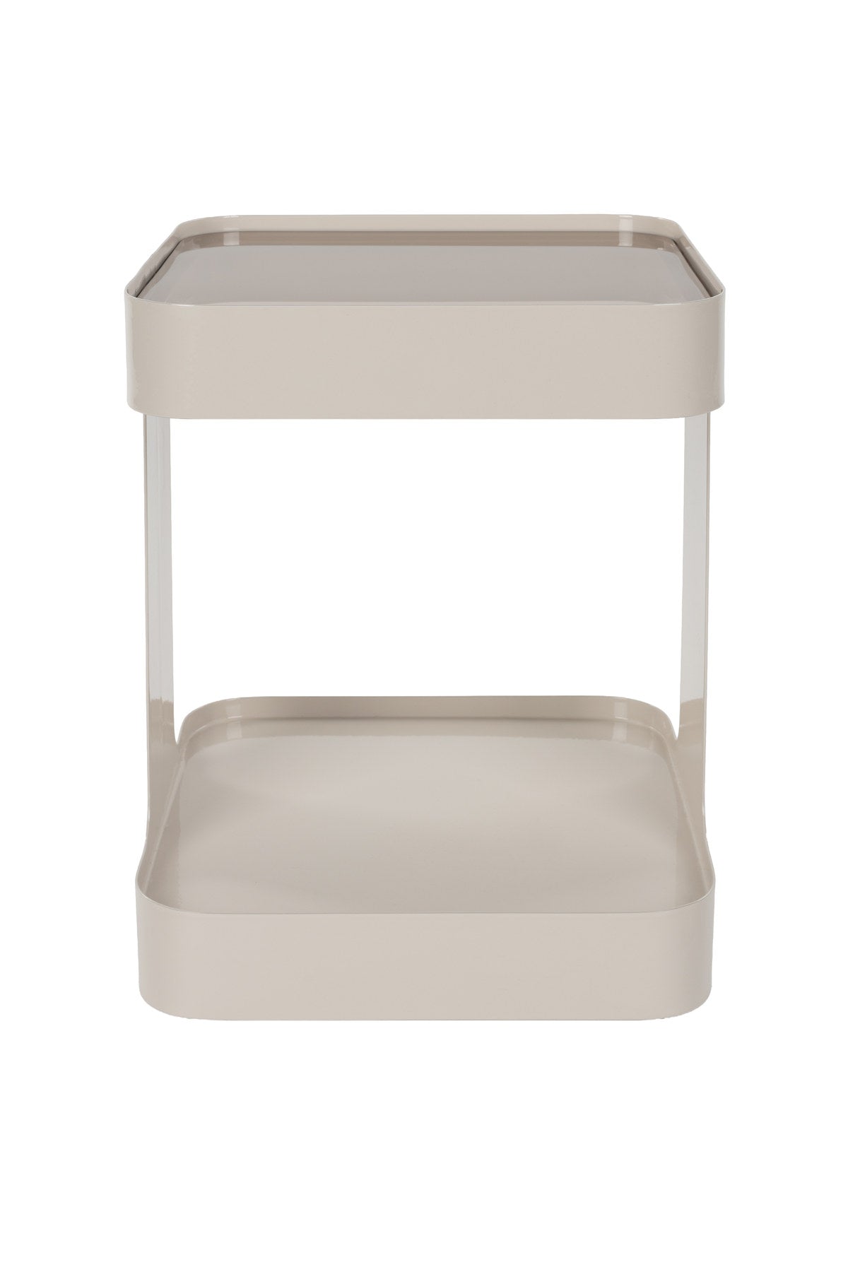 Beistelltisch Side Table Kubik in Taupe mit quadratischer Rauchglasplatte und Eisenrahmen