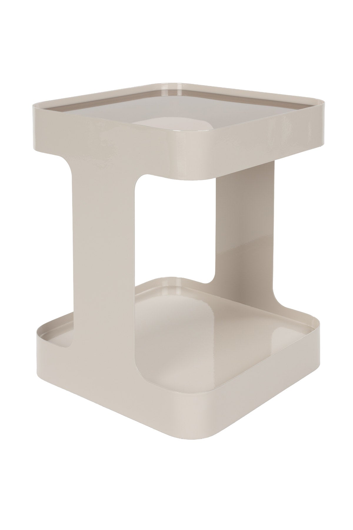 Beistelltisch Side Table Kubik in Taupe mit quadratischer Rauchglasplatte und Eisenrahmen