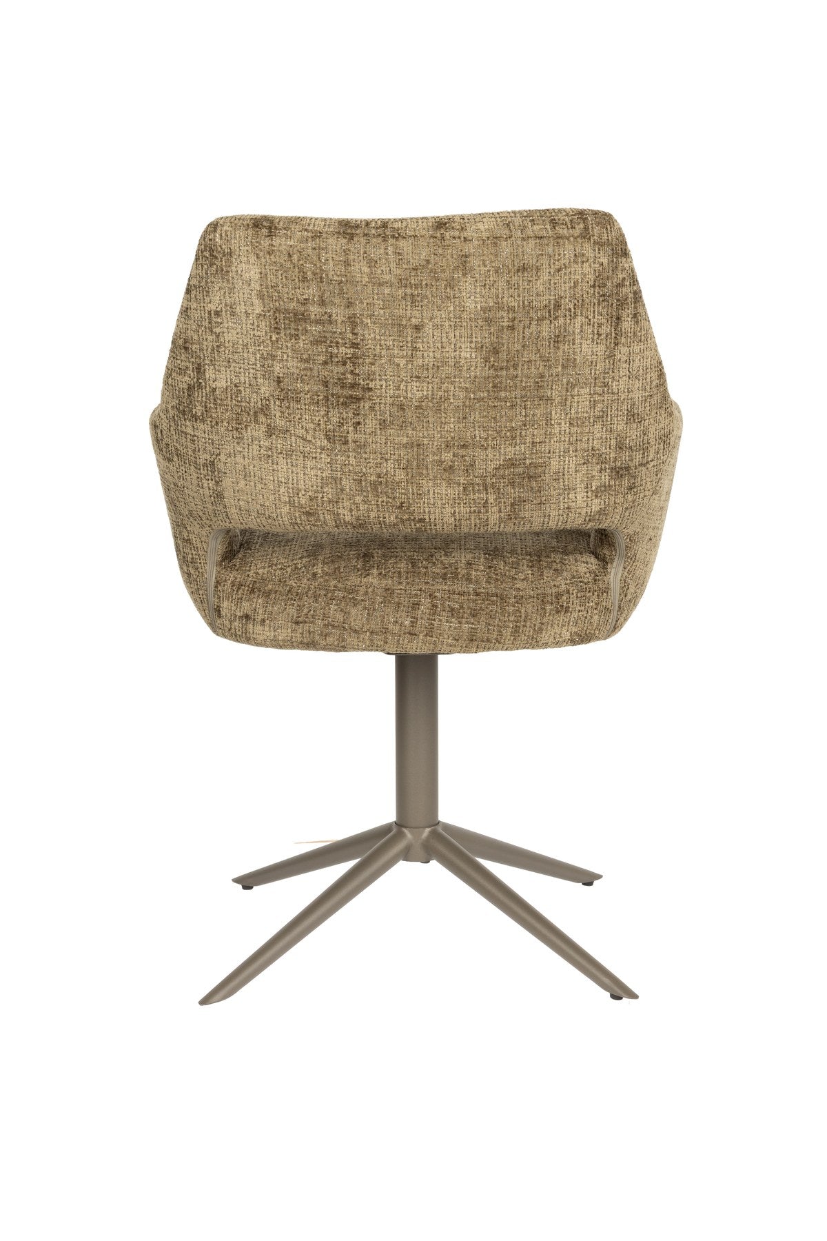 Armlehnstuhl Merel von White Label Living, brauner gewebter Stoffbezug, gepolsterte Sitzschale, drehbares Metallgestell mit vier Beinen.