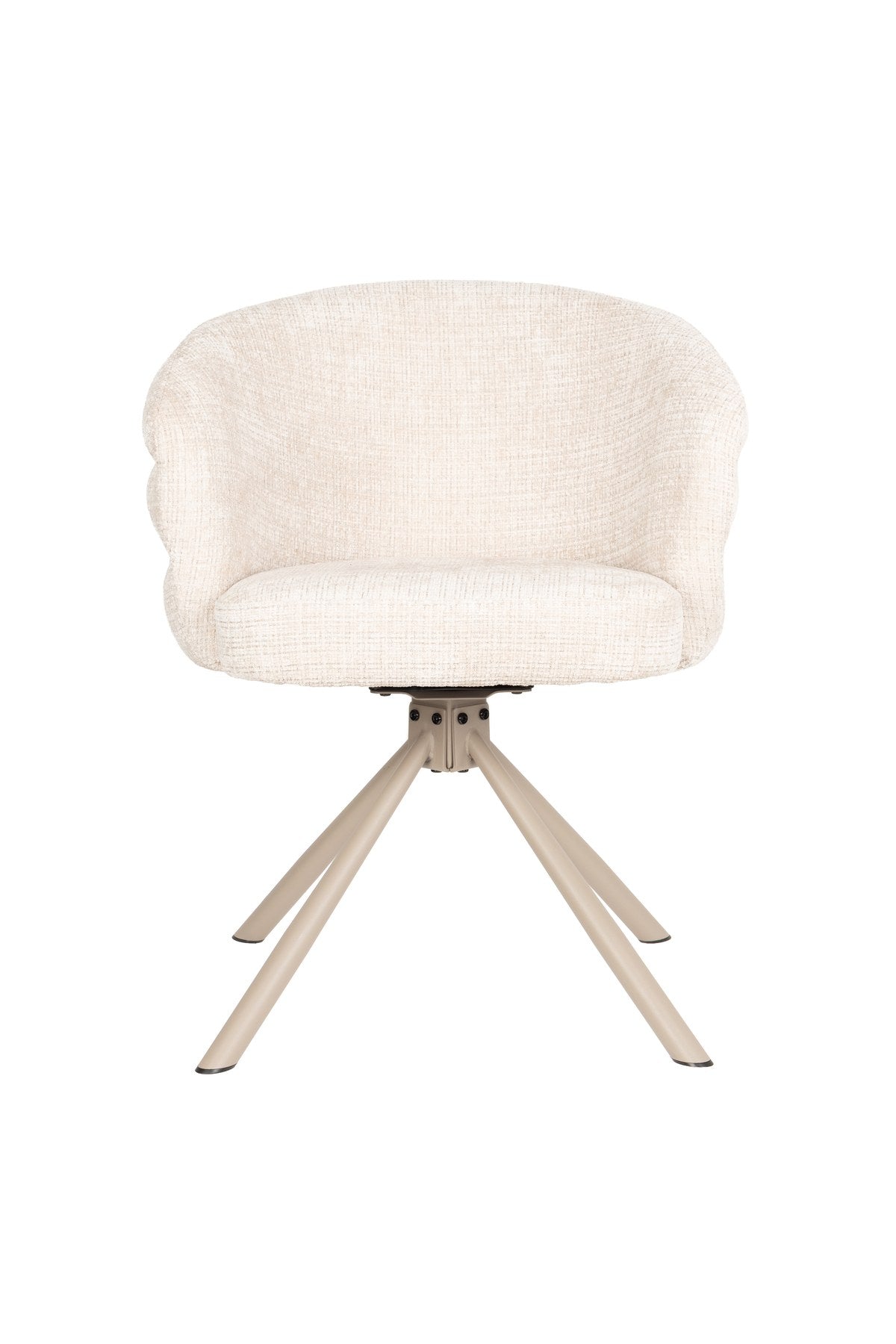 Armlehnstuhl Marjolein von White Label Living mit gepolsterter, halbkreisförmiger Sitzschale aus Polyester und Metallgestell in Beige.